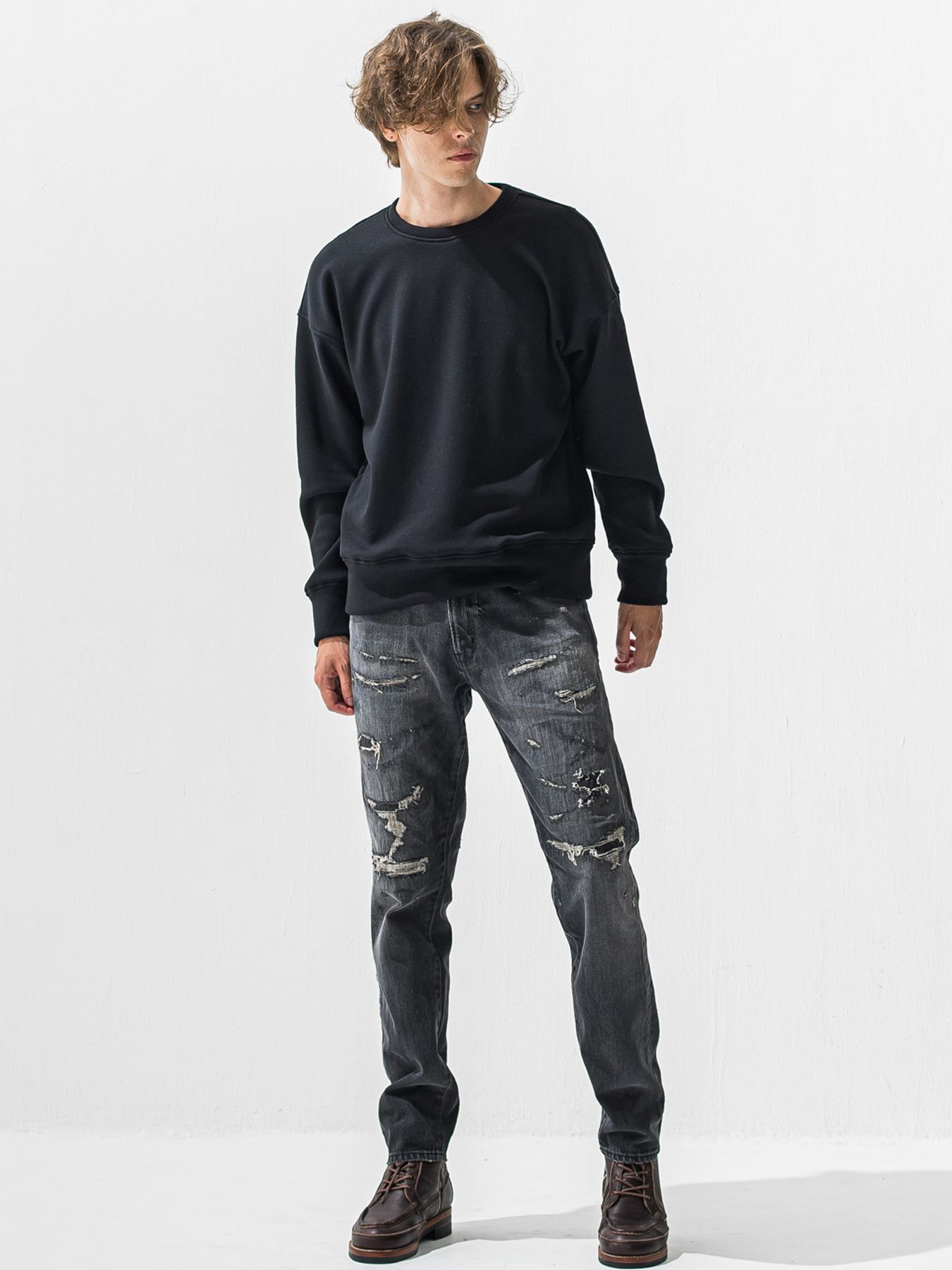 【予約品 9月6日(日) 締切】PIN ST RC VELOURS FLEECE DROP TRAINER / ピンストライプロゴ 裏起毛 ルーズトレーナー / ブラック