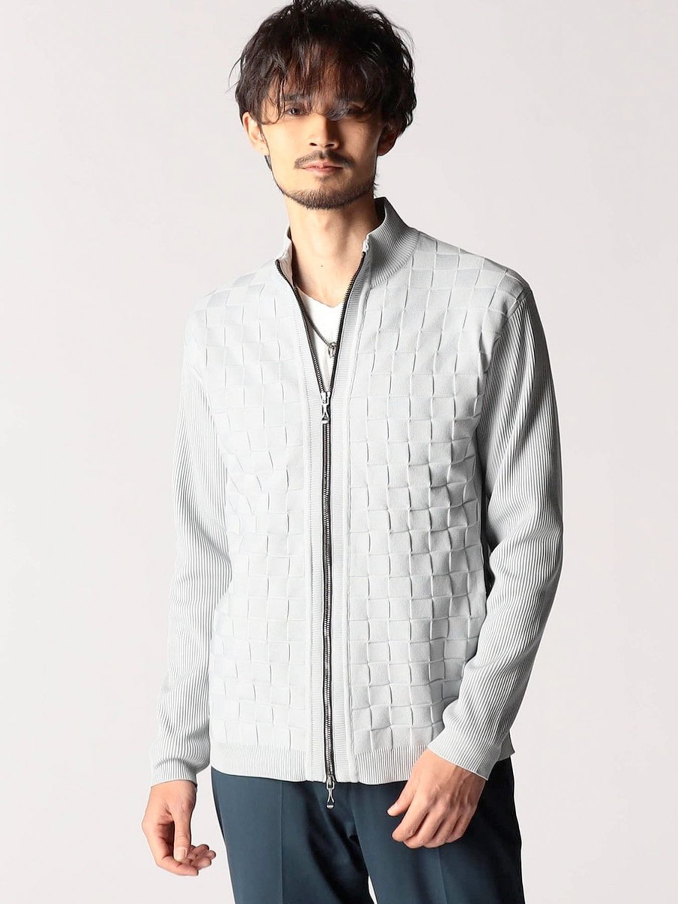 ブロックチェックニットブルゾン / ホワイト 【NICOLE CLUB FOR MEN】