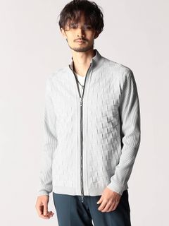 ブロックチェックニットブルゾン / ホワイト 【NICOLE CLUB FOR MEN】