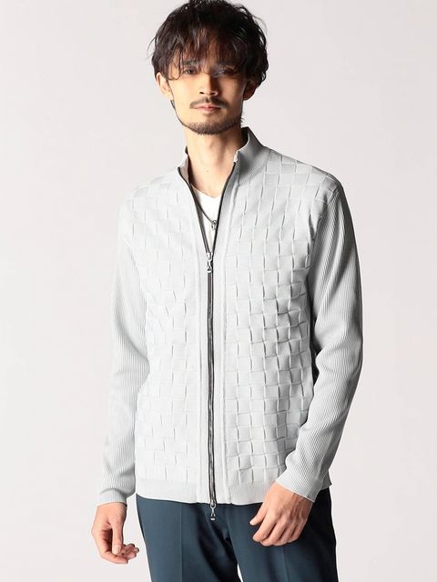 ブロックチェックニットブルゾン / ホワイト 【NICOLE CLUB FOR MEN】