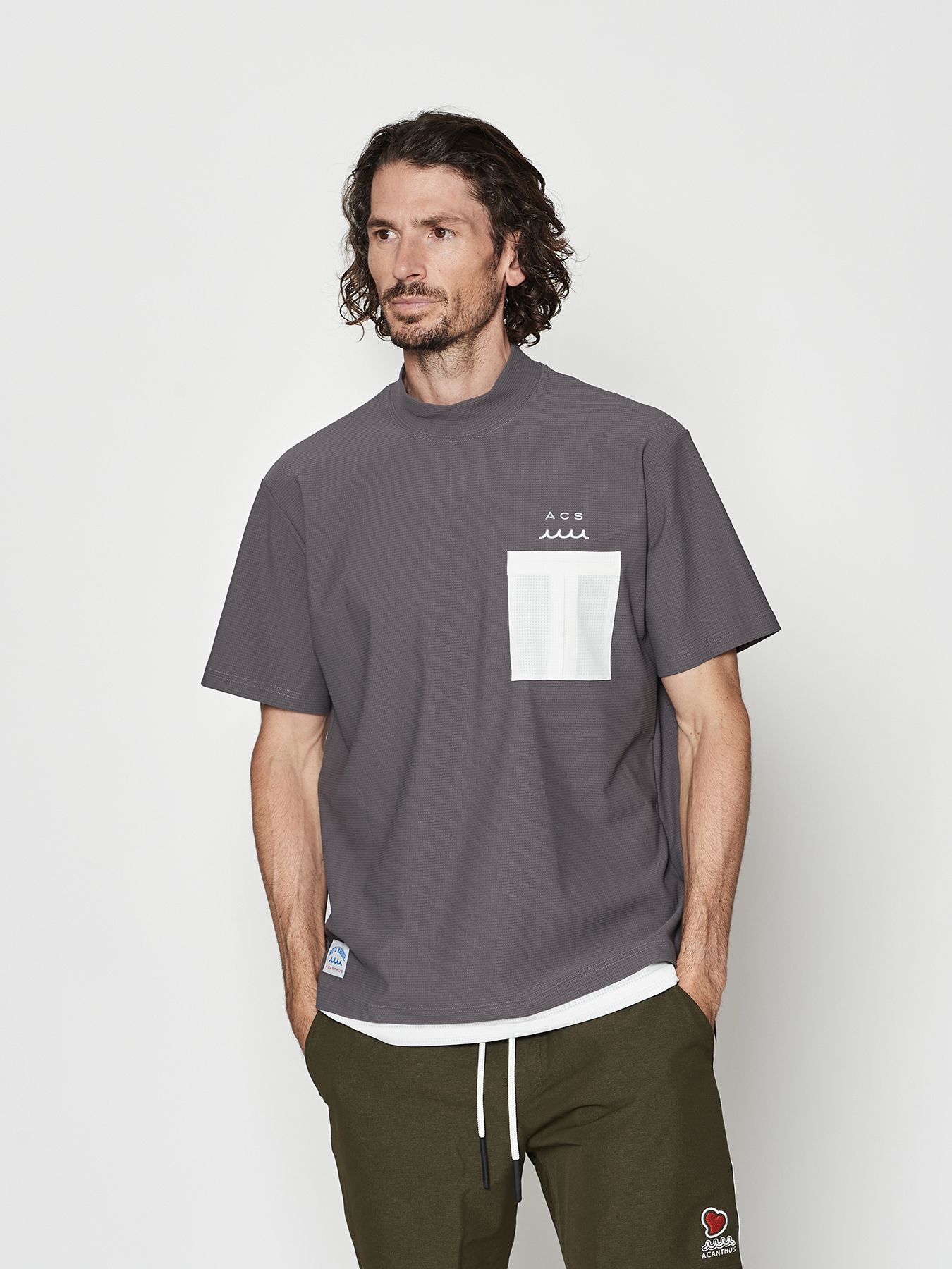 【予約品 10月9日(木) 締切】muta Mesh Mockneck S-S Top / モックネックTシャツ / グレー【Acanthus × muta MARINE】