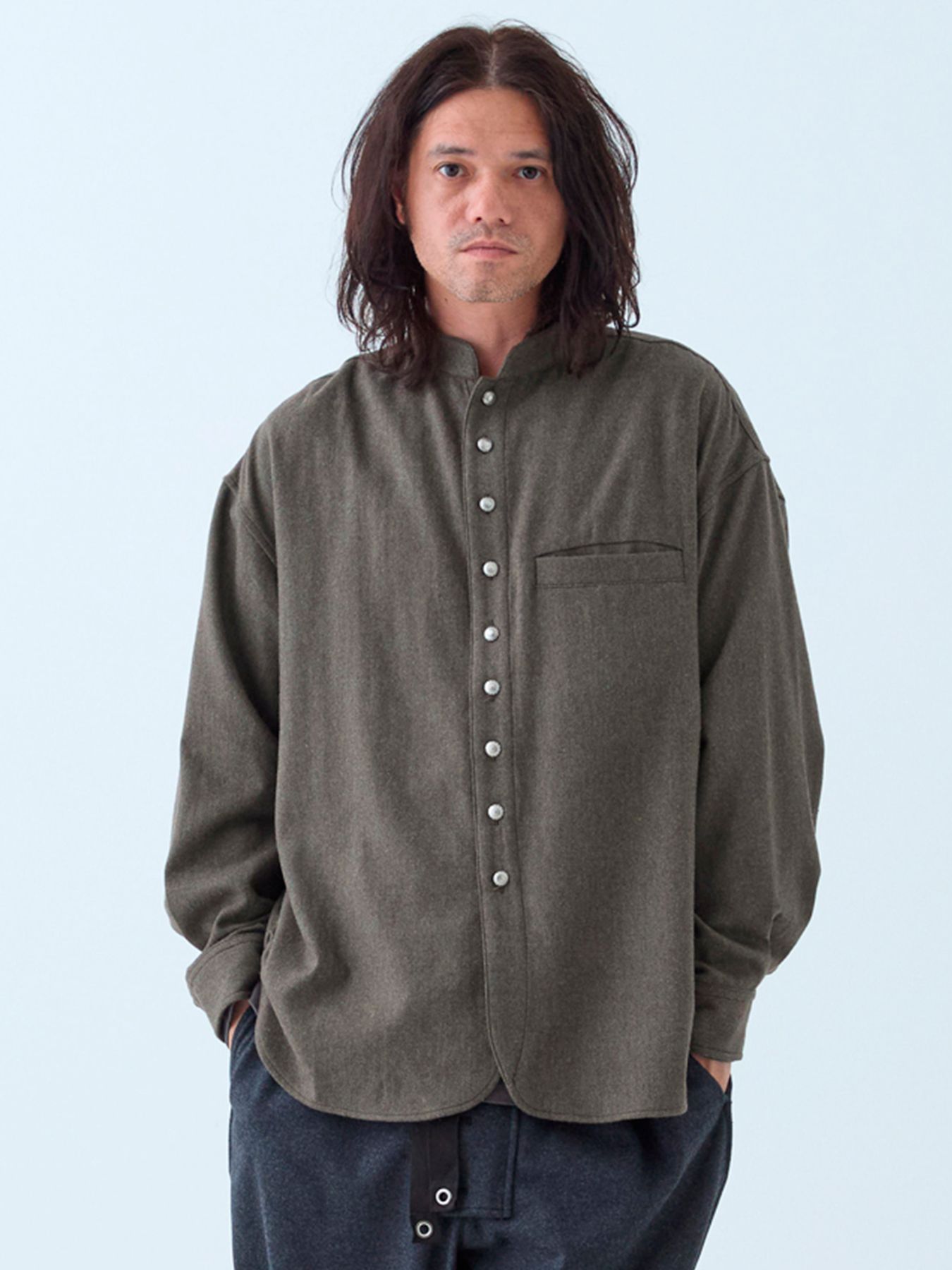 【予約品 】Bojour / ウール デザインシャツ / 杢オリーブドラブ