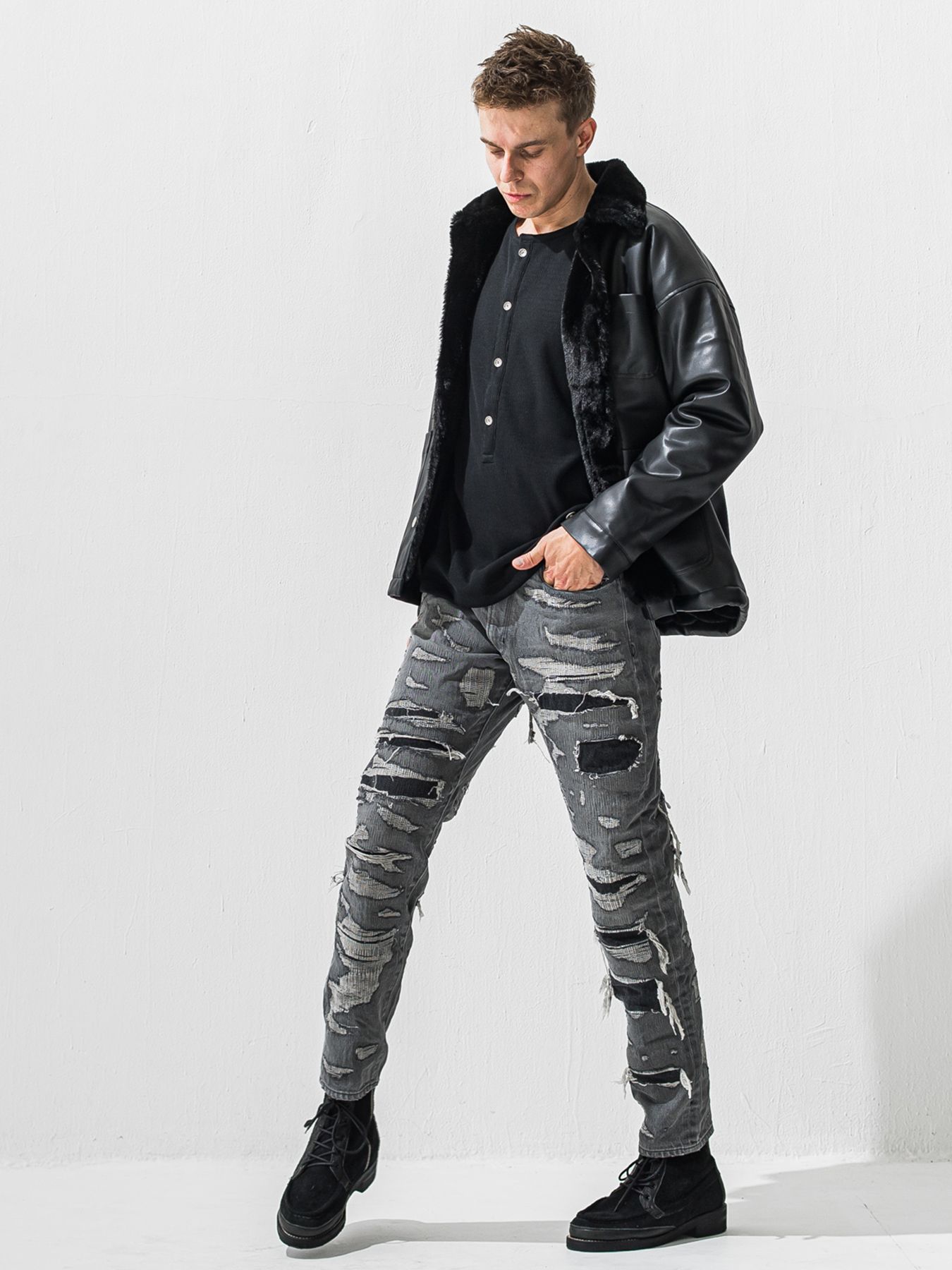 【予約品 9月6日(日) 締切】LEATHER FUR COVERALL / レザー ファー カバーオール / ブラック