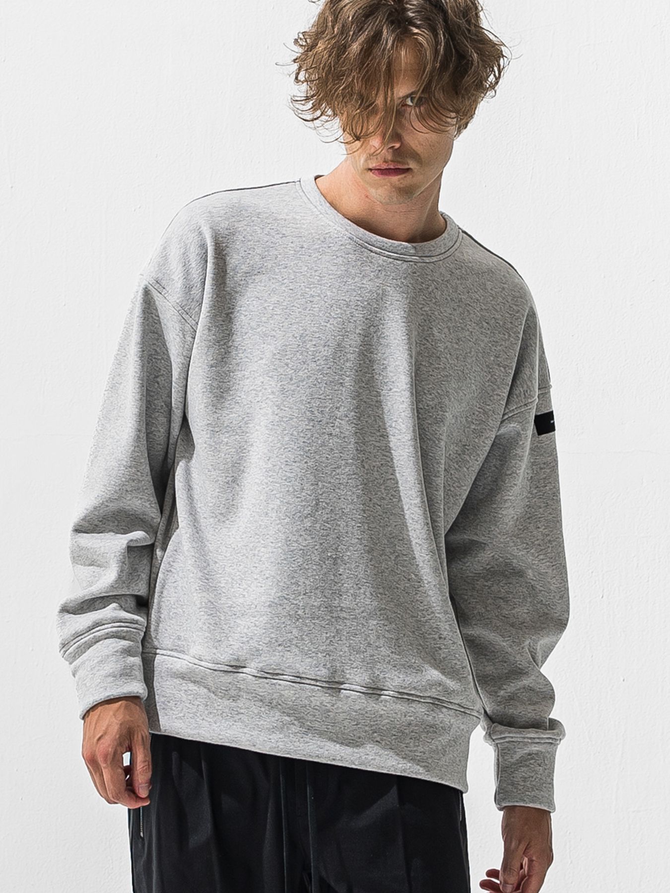【予約品 9月6日(日) 締切】PIN ST RC VELOURS FLEECE DROP TRAINER / ピンストライプロゴ 裏起毛 ルーズトレーナー / グレー