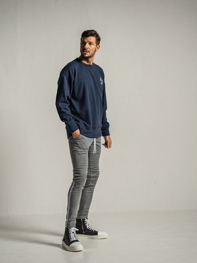 ID velours fleece drop trainer  / ルーズトレーナー / ネイビー裏起毛ルーズ 胸と背中プリント入り