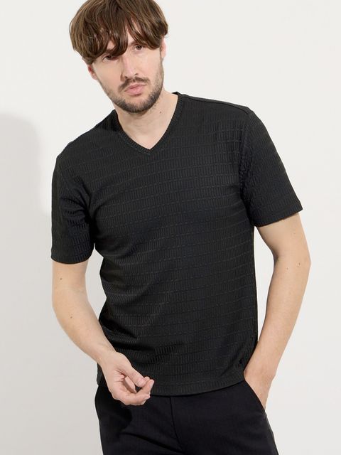 リンクスジャカードアラカルトVネックプルオーバー / ブラック【HIDEAWAYS NICOLE】