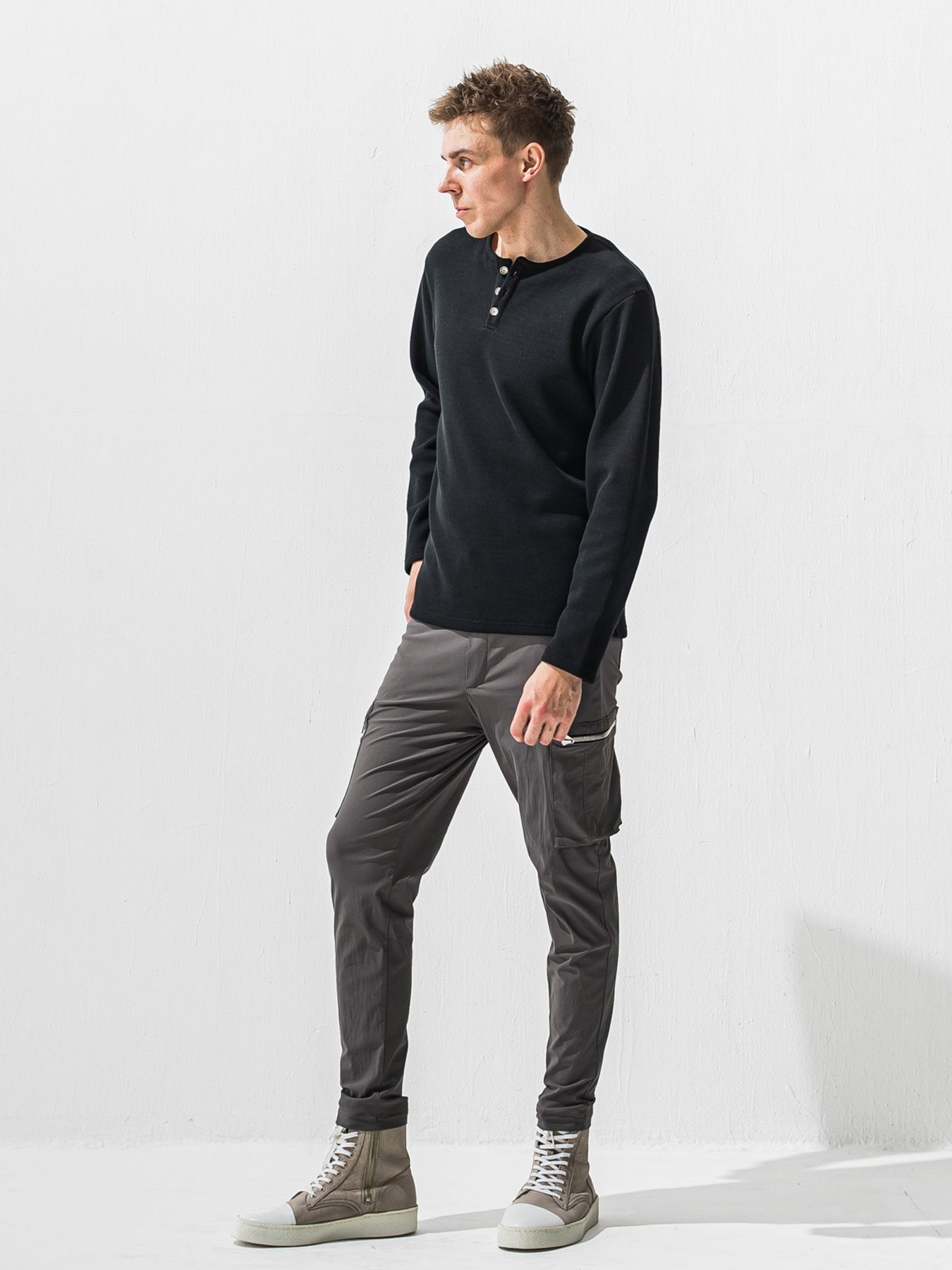 【予約品 9月6日(日) 締切】VELOURS FLEECE THERMAL HENRY / 裏起毛 ハニカムサーマル ヘンリーネック / ブラック