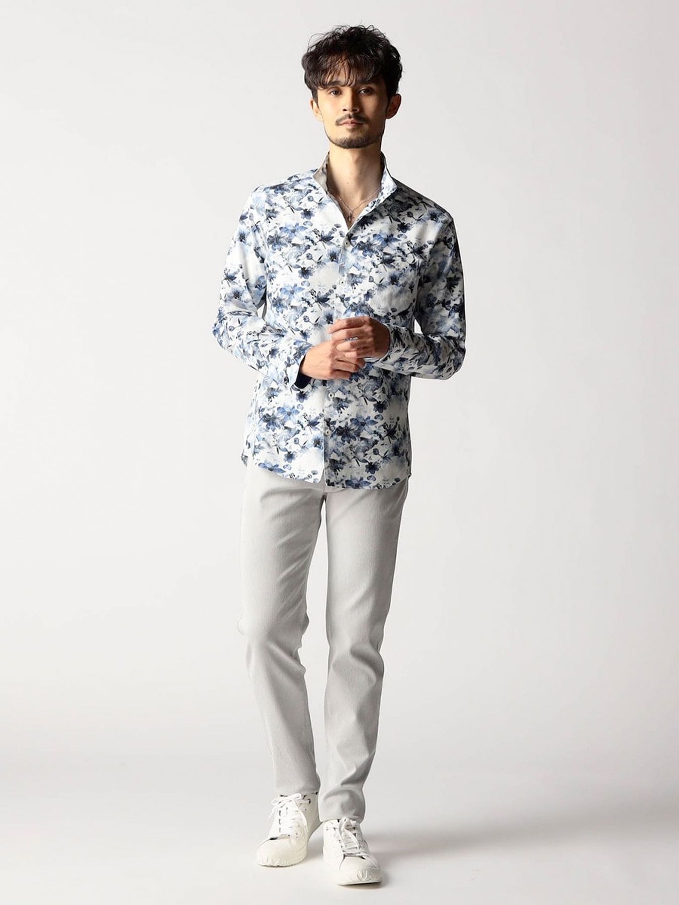 アラカルトプリント スタンドカラーシャツ / オフ×ブルー 【NICOLE CLUB FOR MEN】