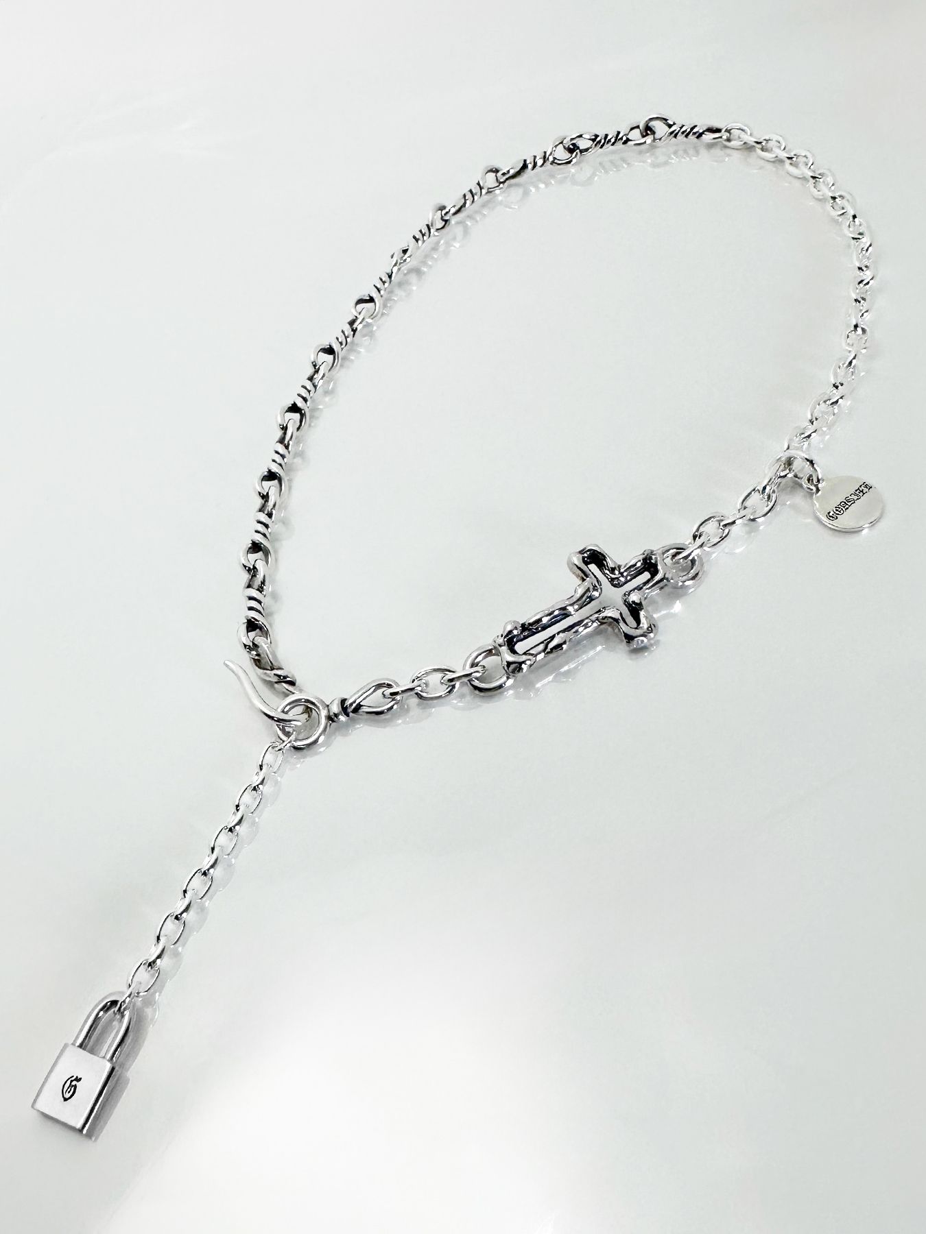 《受注生産》OPEN CROSS & TWIST CHAIN NECKLACE with PADLOCK  / オープンクロス＆ツイストチェーンネックレス ウィズパドロック / 注文から4～6週間後入荷予定