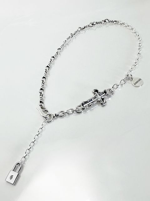 《受注生産》OPEN CROSS & TWIST CHAIN NECKLACE with PADLOCK  / オープンクロス＆ツイストチェーンネックレス ウィズパドロック / 注文から4～6週間後入荷予定