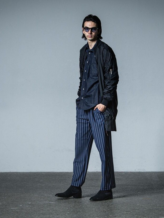 《予約品》 CHRIS EASY WIDE TUCK PANTS  / ワイドタックパンツ / ネイビー・ストライプ