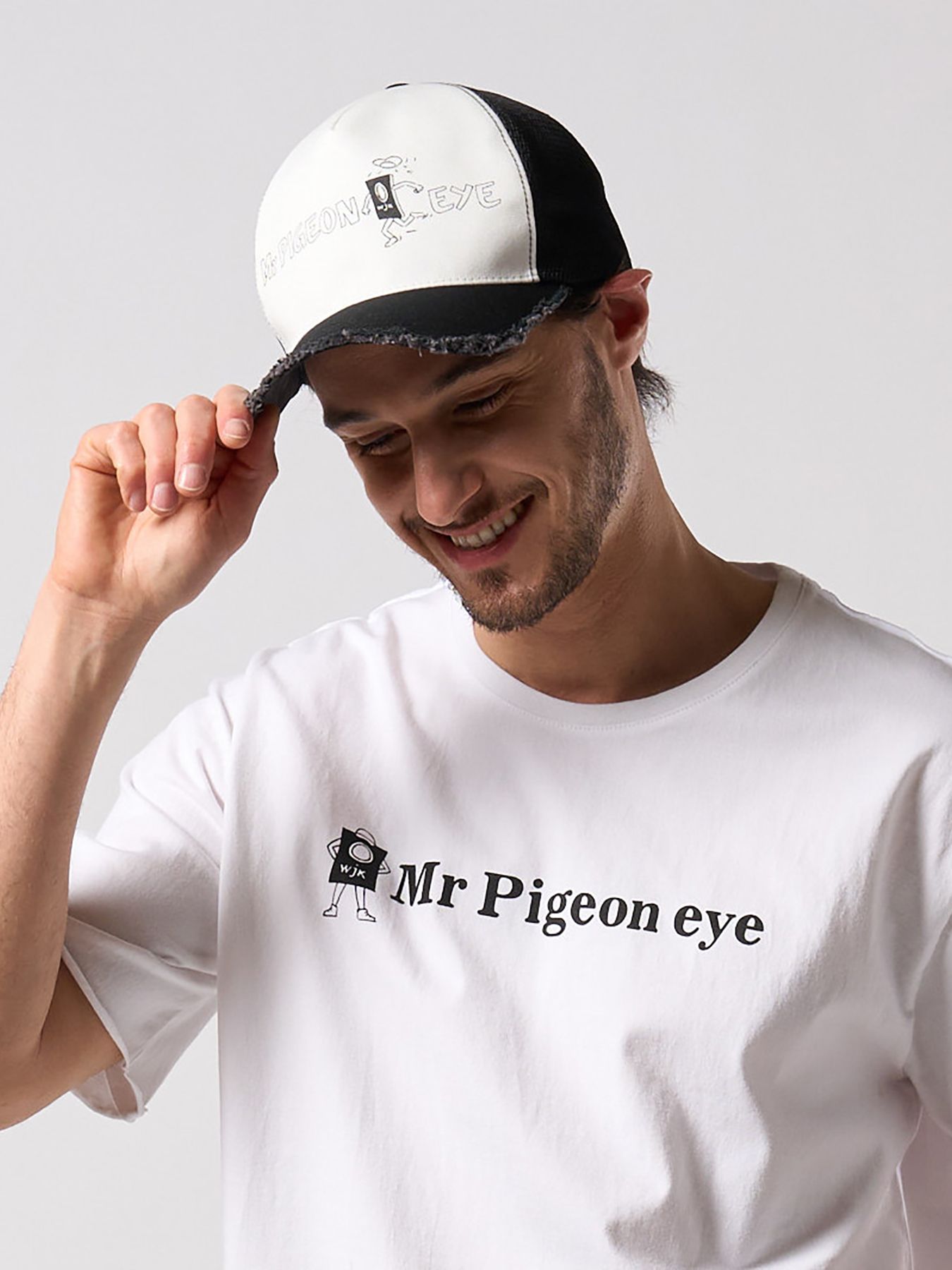 【予約品 4月19日(日) 18時締切】Ohta Design × wjk collaboration："panic" cut-off mesh cap / "panic" カットオフ メッシュキャップ / ホワイト×ブラック