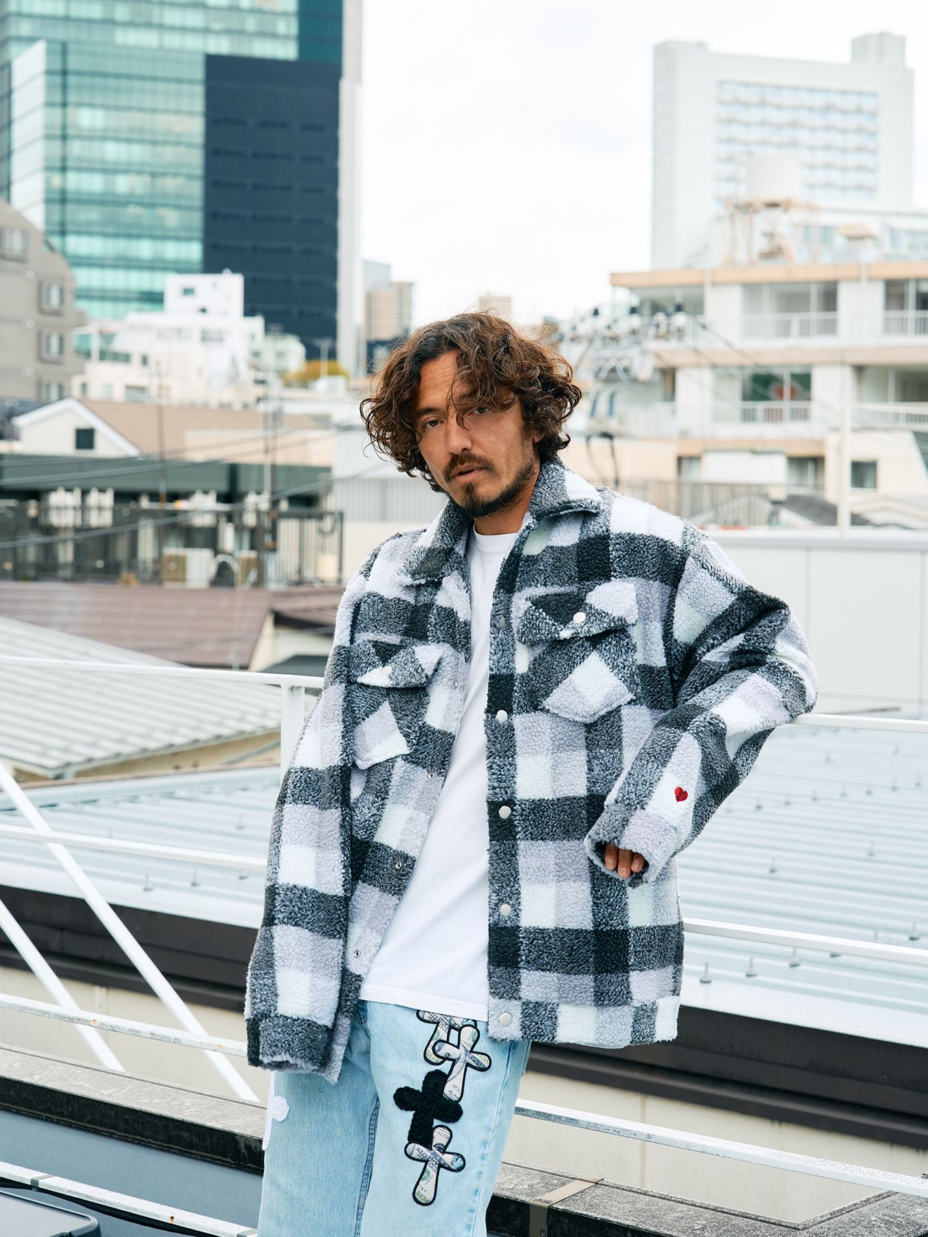 【予約品 】 ブロックチェックムックボア サガラパッチワークブルゾン / M.グレー
