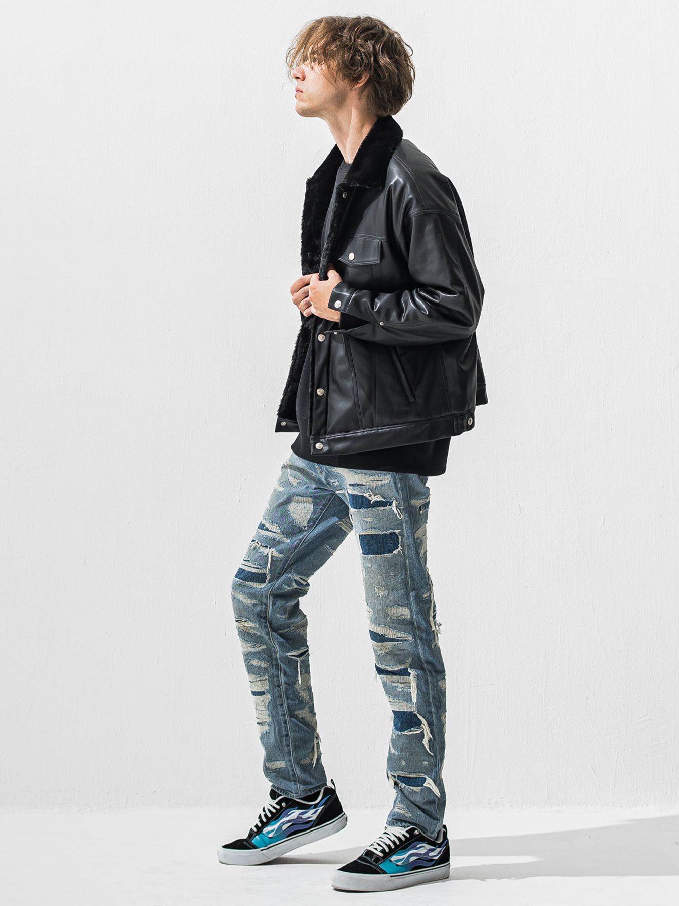 【予約品 9月6日(日) 締切】VELOURS FLEECE THERMAL LOOSE TRAINER / 裏起毛 ハニカムサーマル ルーズトレーナー / ブラック