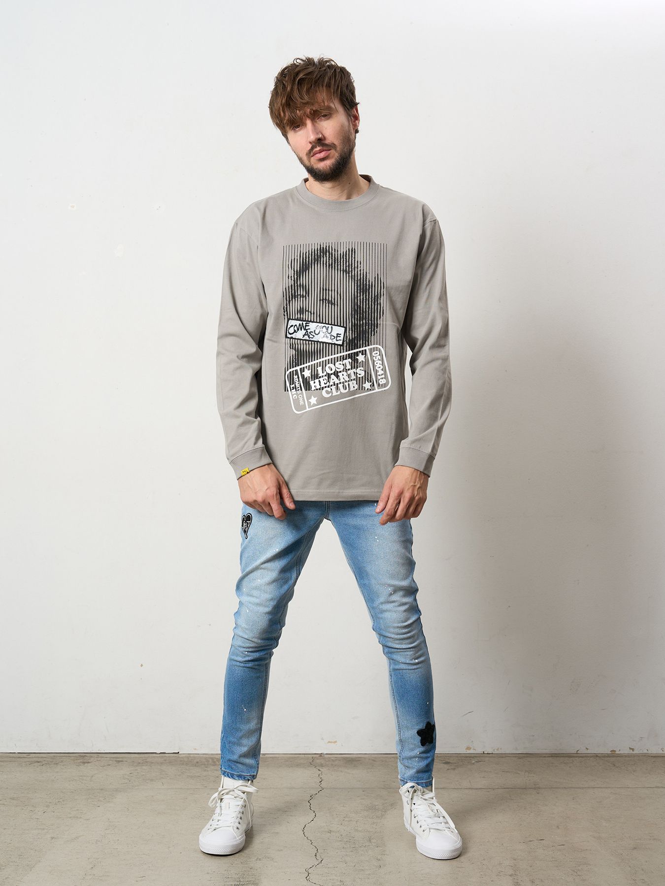 【予約品 5月8日(木) AM10時 締切】 5.6ozコットン天竺 LOST HEARTS シークインLS Tシャツ / チャコールグレー
