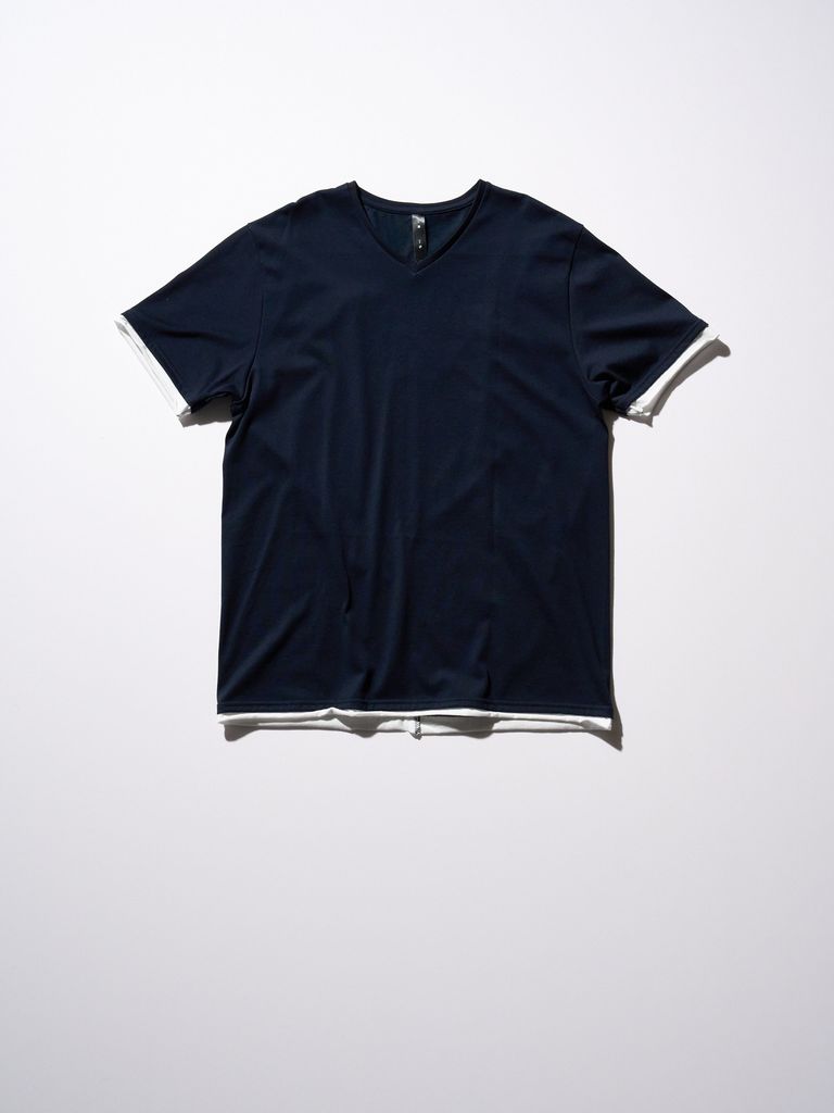 青いストライプVネックTシャツ タグ付き未使用 Vネック ストライプ Tシャツ ネイビー LLサイズ