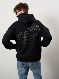 【予約品 10月16日(木) 締切】 ヘビーウエイト裏毛パイル メタルスタッズウェービーロゴ プルパーカー  / ブラック