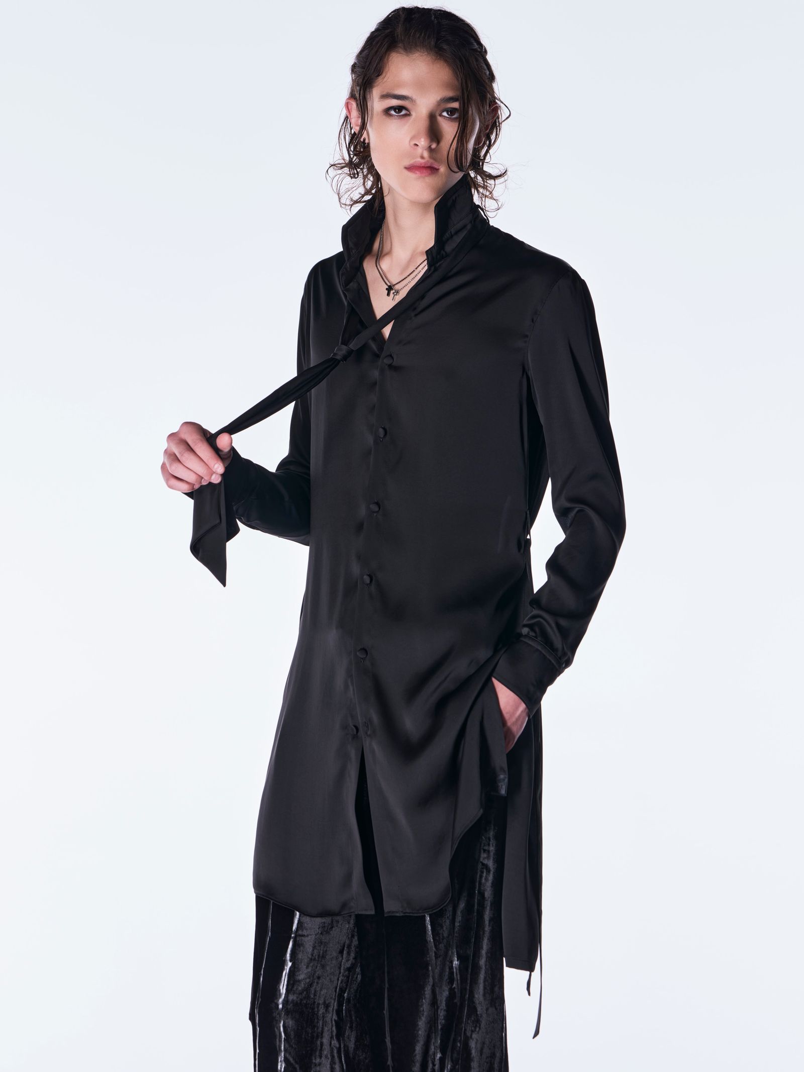 【予約品 6月29日(月) 締切】Vintage Satin Stand Collar Shirt / スタンドカラー シャツ / ブラック