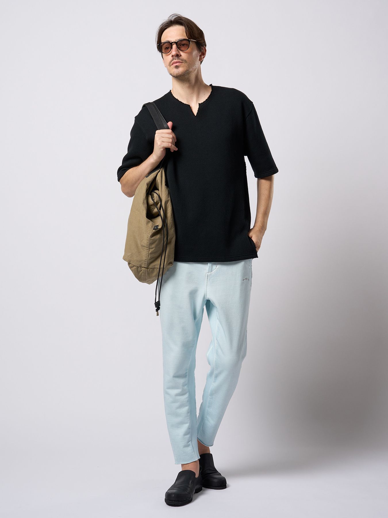 【予約品 9月23日(火) 締切】quarter-knit key neck H/S / クォーターニット キーネック ハーフスリーブ / ブラック