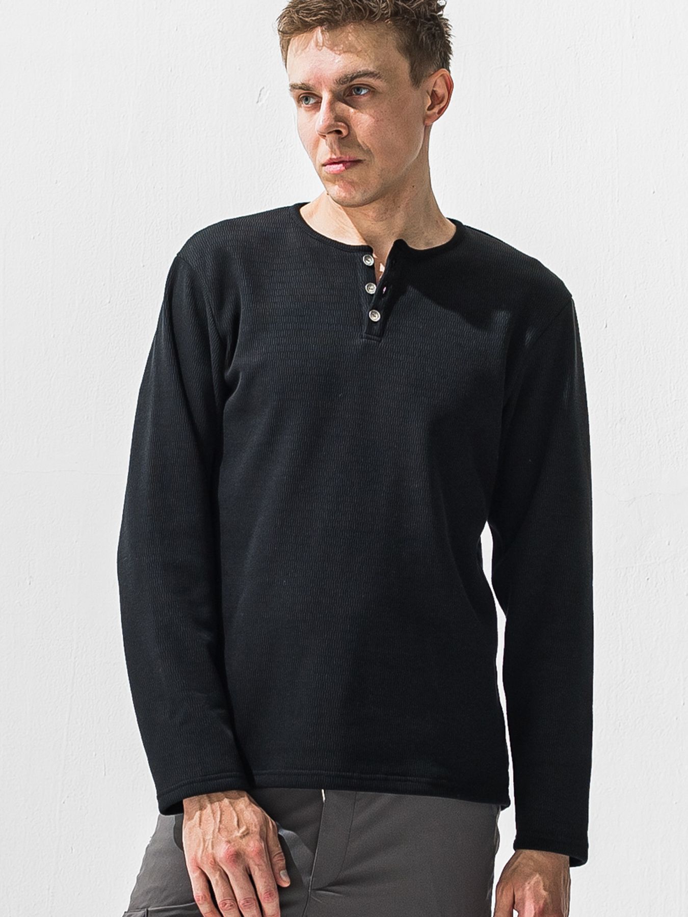 【予約品 9月6日(日) 締切】VELOURS FLEECE THERMAL HENRY / 裏起毛 ハニカムサーマル ヘンリーネック / ブラック
