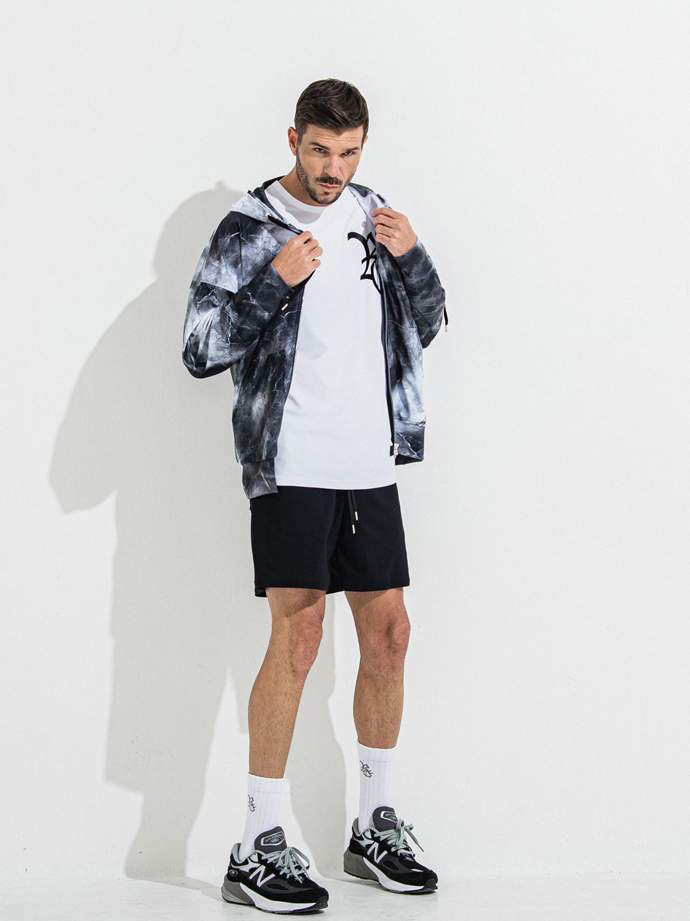 【予約品 】RASH OVER ZIPUP HOODIE / ラッシュガード オーバーサイズジップアップパーカー / マーブルブラック
