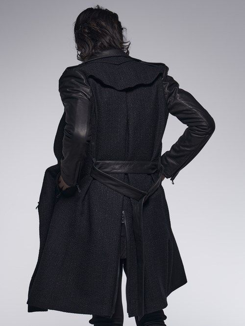 《予約品》ツイード＆袖革 W-RidersLongCoat / Wライダーズロングコート/ ブラック 【kiryuyrik】 10月中旬以降入荷予定