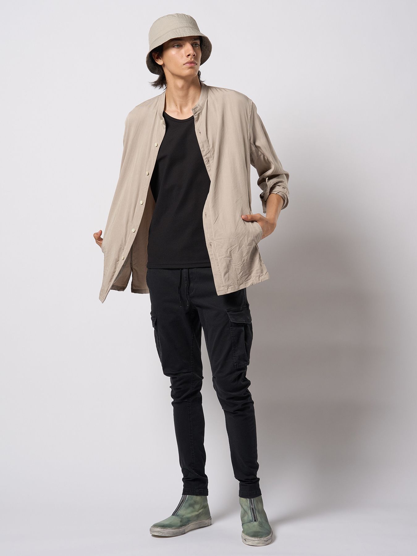 【予約品 9月23日(火) 締切】band collar shirt coat / バンドカラー シャツコート / グレージュ