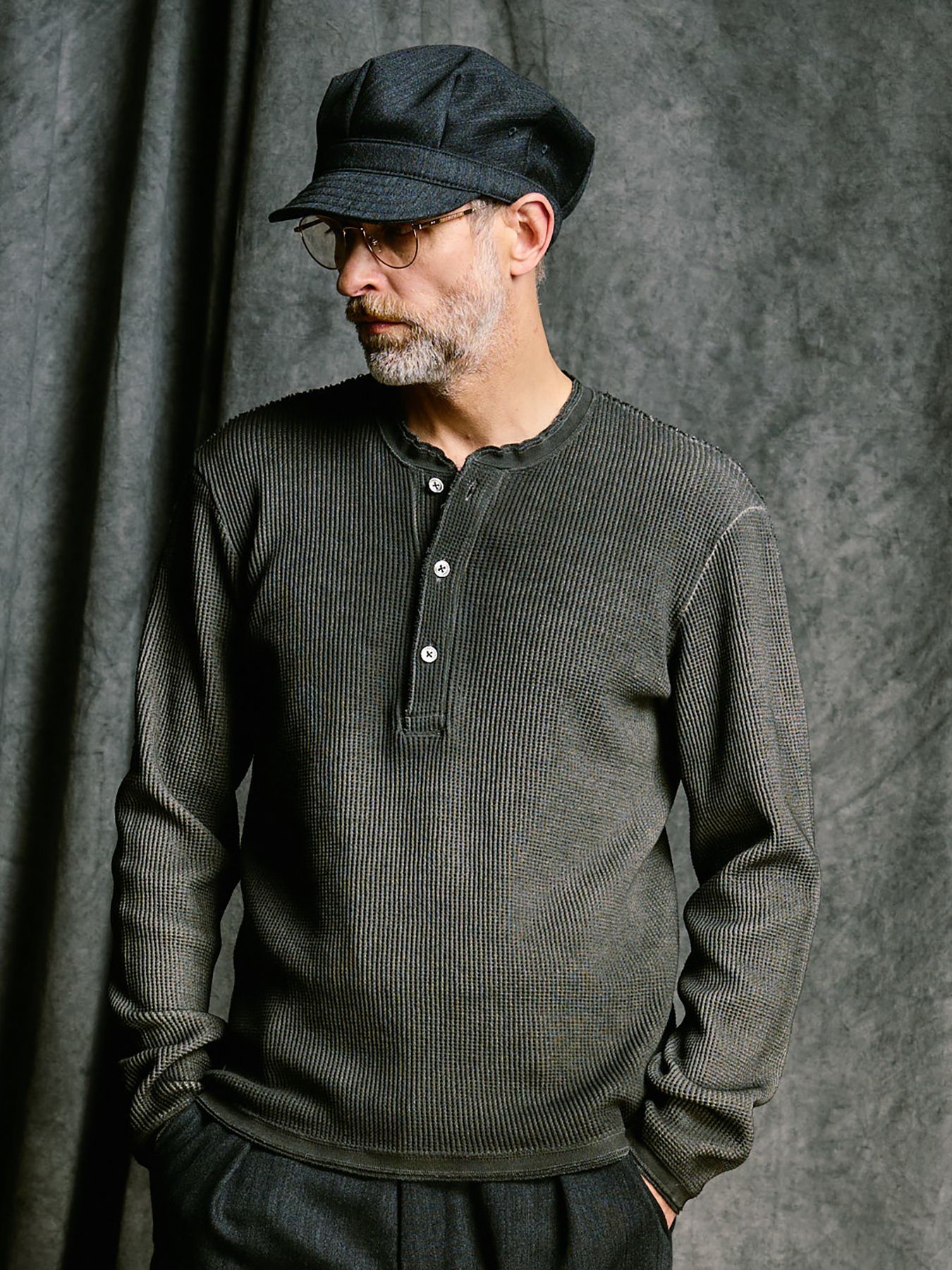 【予約品 4月19日(日) 18時締切】waffle henley L/S / ワッフル ヘンリーネック ロングスリーブ / ブラック