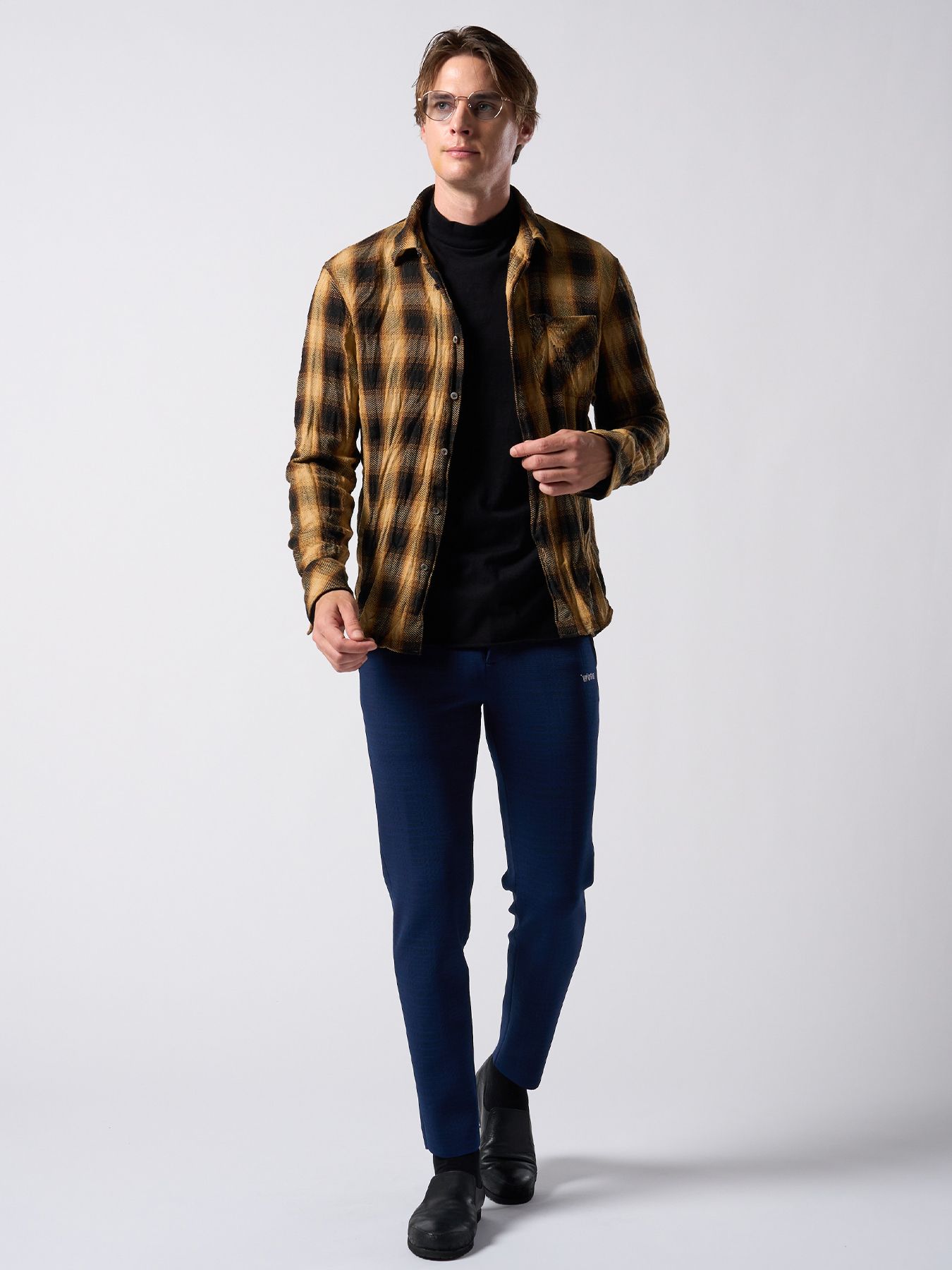 【予約品】muta × wjk collection：twist wrinkle check shirt / シワ加工チェックシャツ / イエローチェック