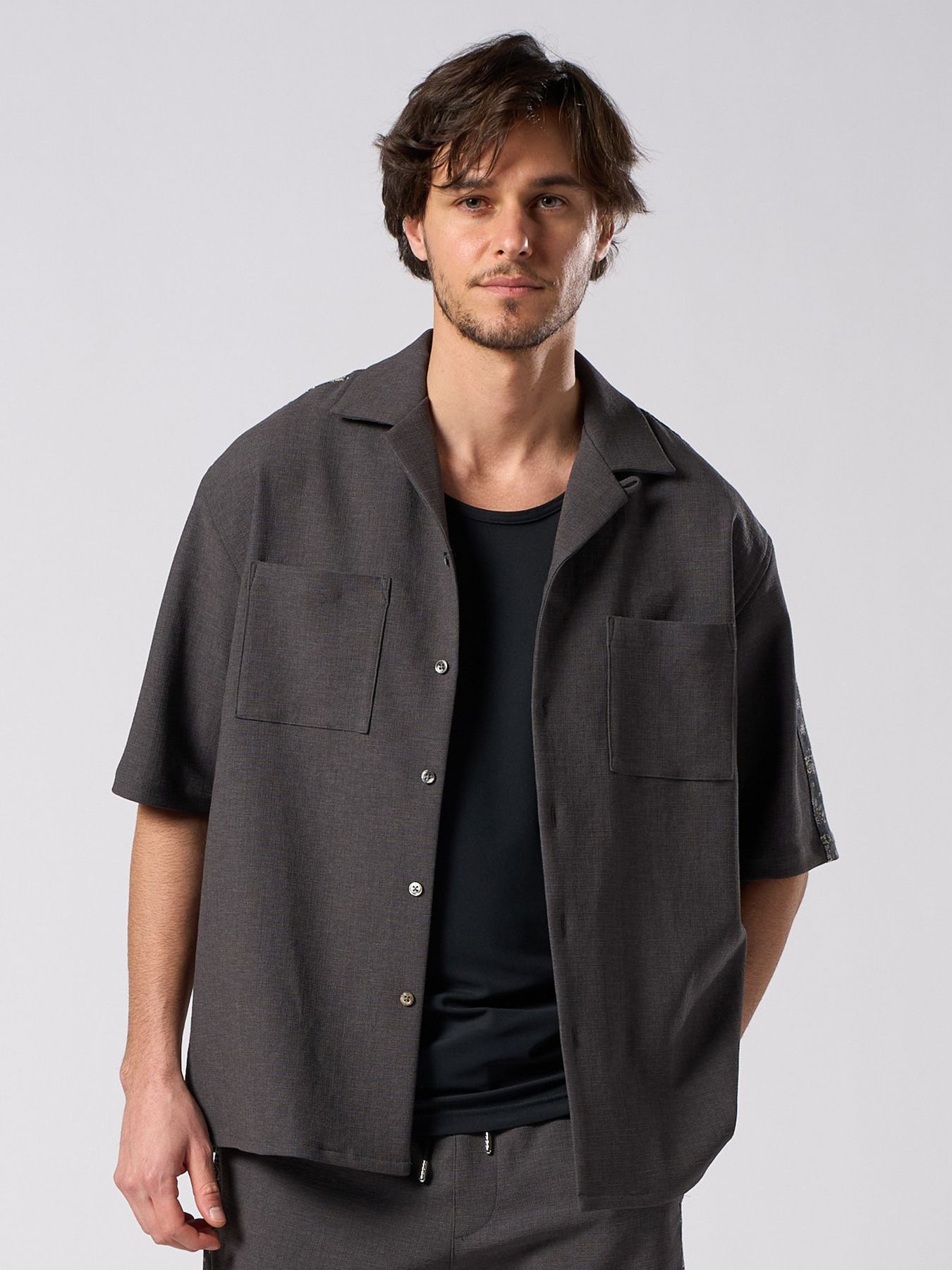 【予約品 1月25日(日) 締切】bandana print panel open shirt / バンダナプリントパネル オープンカラーシャツ / ブラック