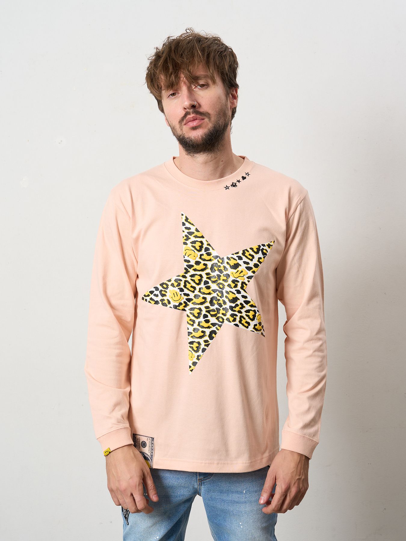 【予約品 5月8日(木) AM10時 締切】 5.6ozコットン天竺 レオパードスタースマイル発泡プリント LS Tシャツ / ペールピンク