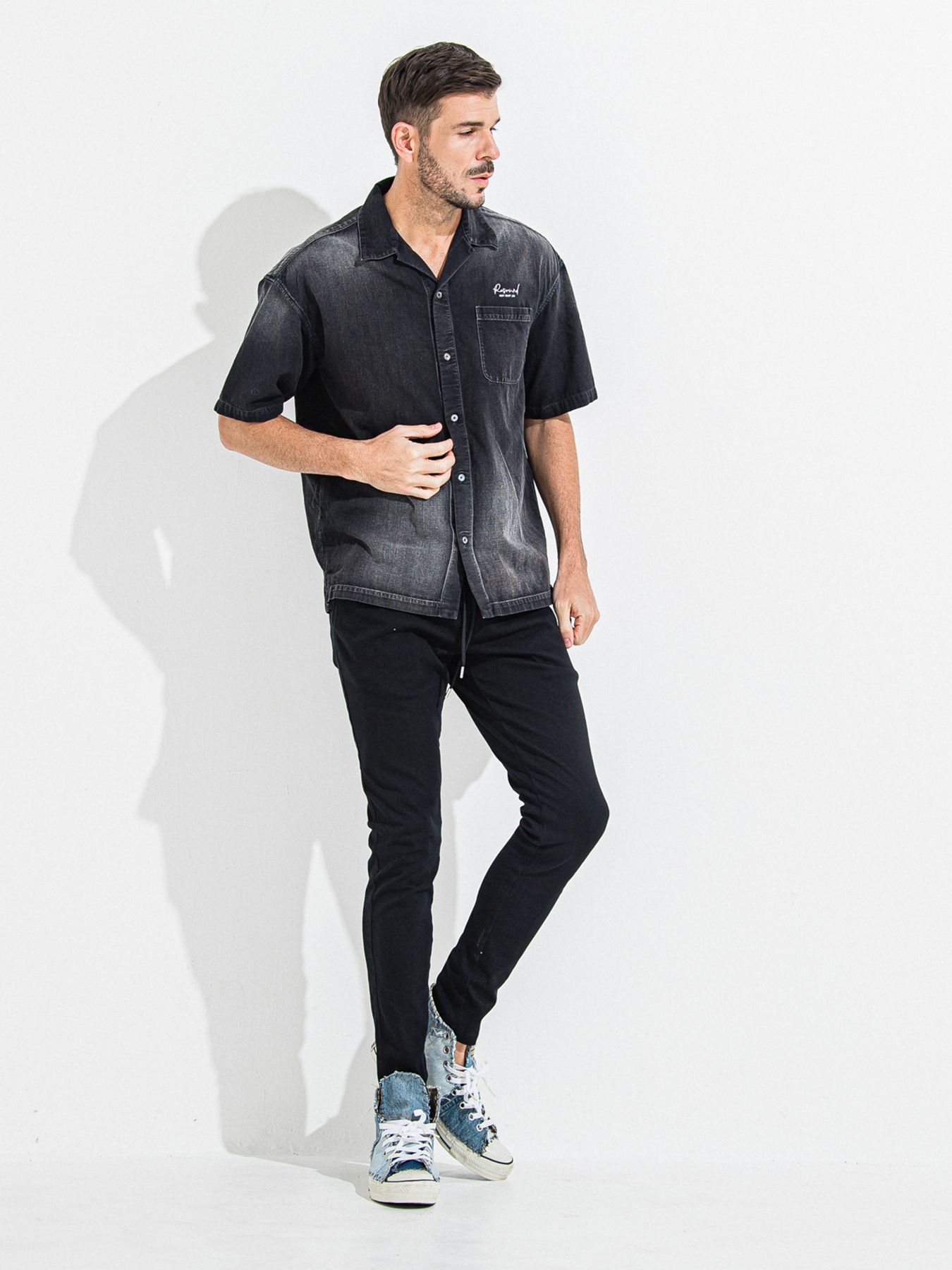 【予約品 】ZACK HALF DENIM SHIRT / ザックハーフスリーブデニムシャツ / ブラックプリント