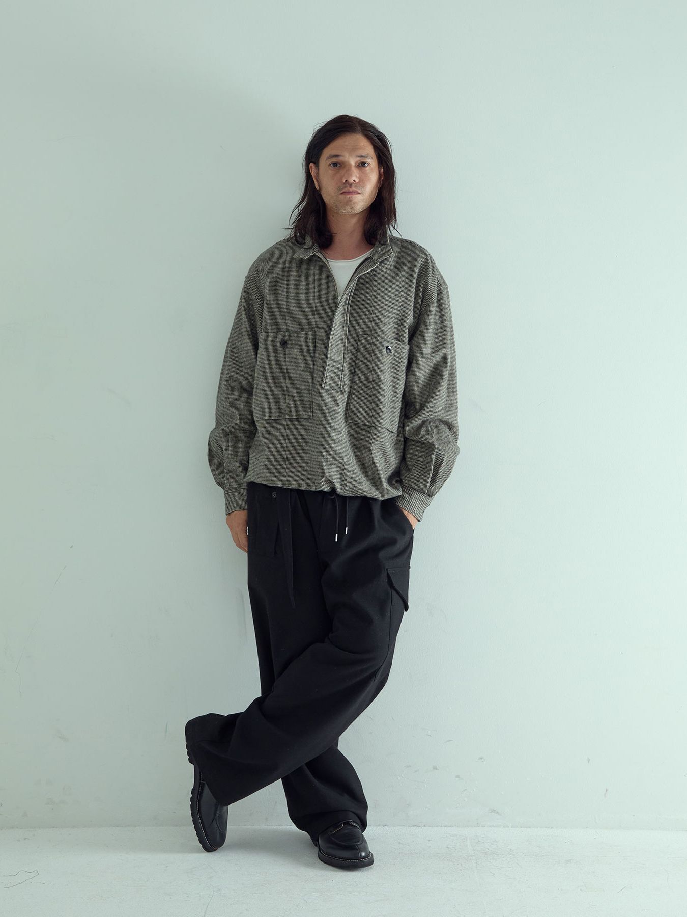 【予約品 】STANDPULL / ジッププルオーバーシャツ / アイボリー× ブラック千鳥
