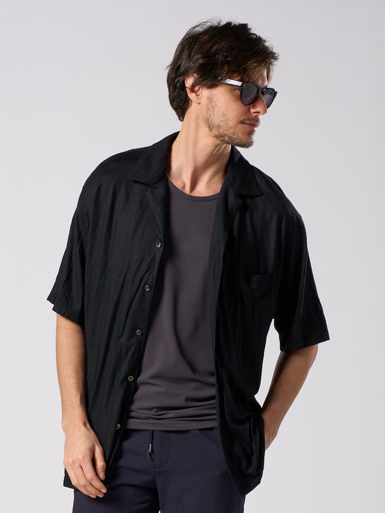 【予約品 1月25日(日) 締切】ex.comfy wool open collar shirt / サマーウール オープンカラーシャツ / ブラック