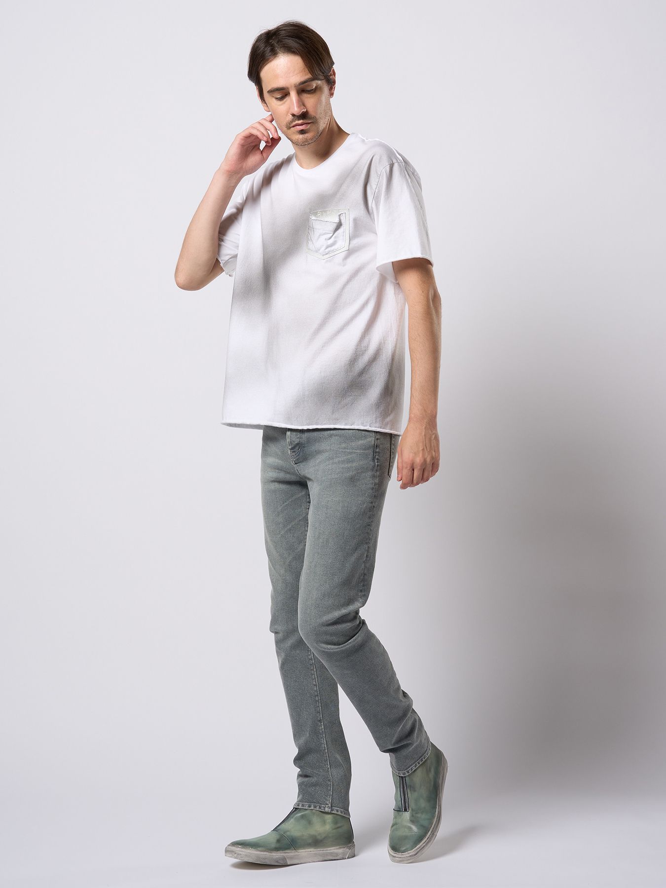 【予約品 9月23日(火) 締切】spray dye leather pocket-T / スプレーダイ レザーポケットTシャツ / ホワイト×ブラック