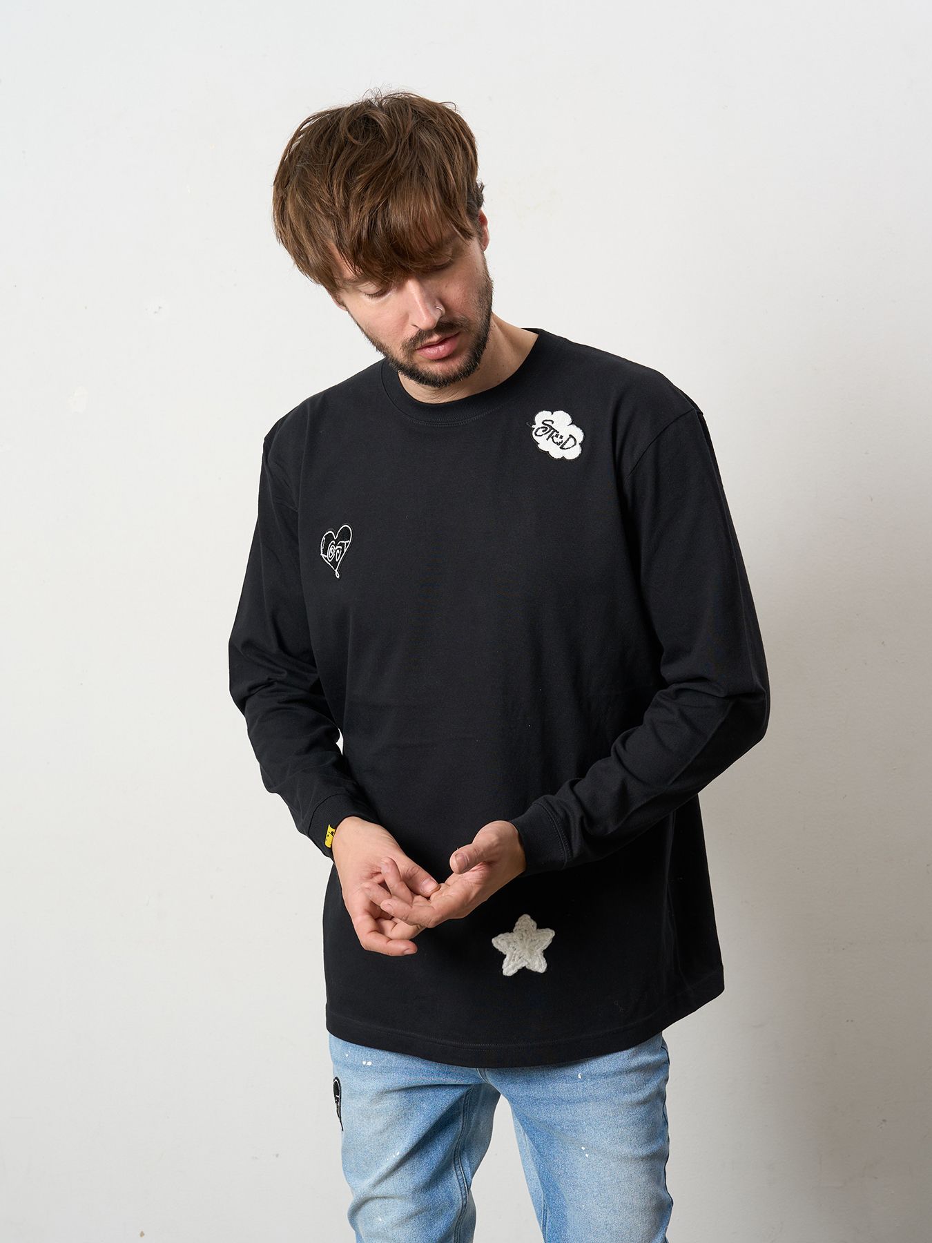 【予約品 5月8日(木) AM10時 締切】 5.6ozコットン天竺 CREATE YOUR OWN LUCK&マルチパッチワーク LS Tシャツ / ブラック