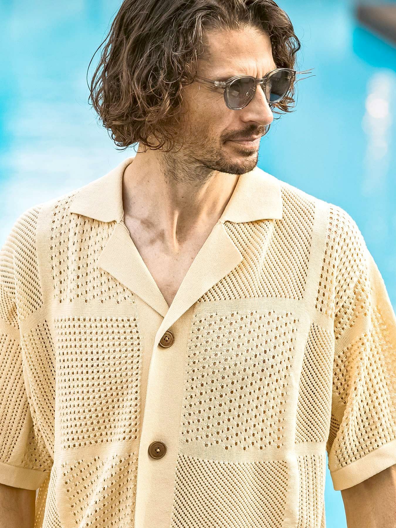 ブロックメッシュニットオープンカラーシャツ / ホワイト