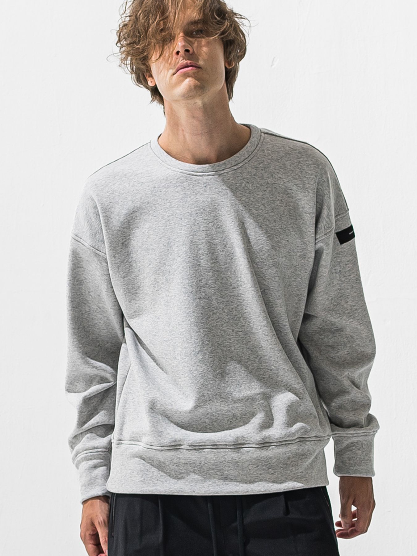 【予約品 9月6日(日) 締切】PIN ST RC VELOURS FLEECE DROP TRAINER / ピンストライプロゴ 裏起毛 ルーズトレーナー / グレー