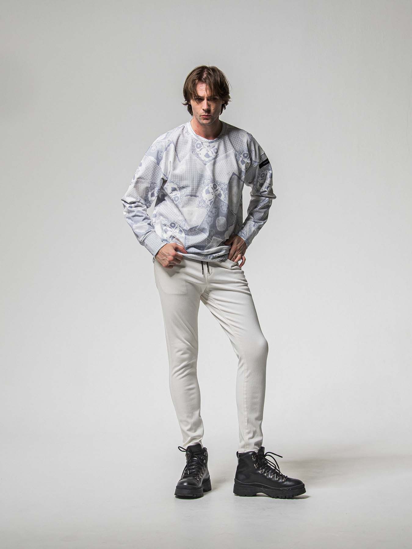 【予約品 8月31日(日) 締切】PAISLEY BACK FLEECE DROP TRAINER / ペイズリー バックフリース ドロップショルダートレーナー / グレー
