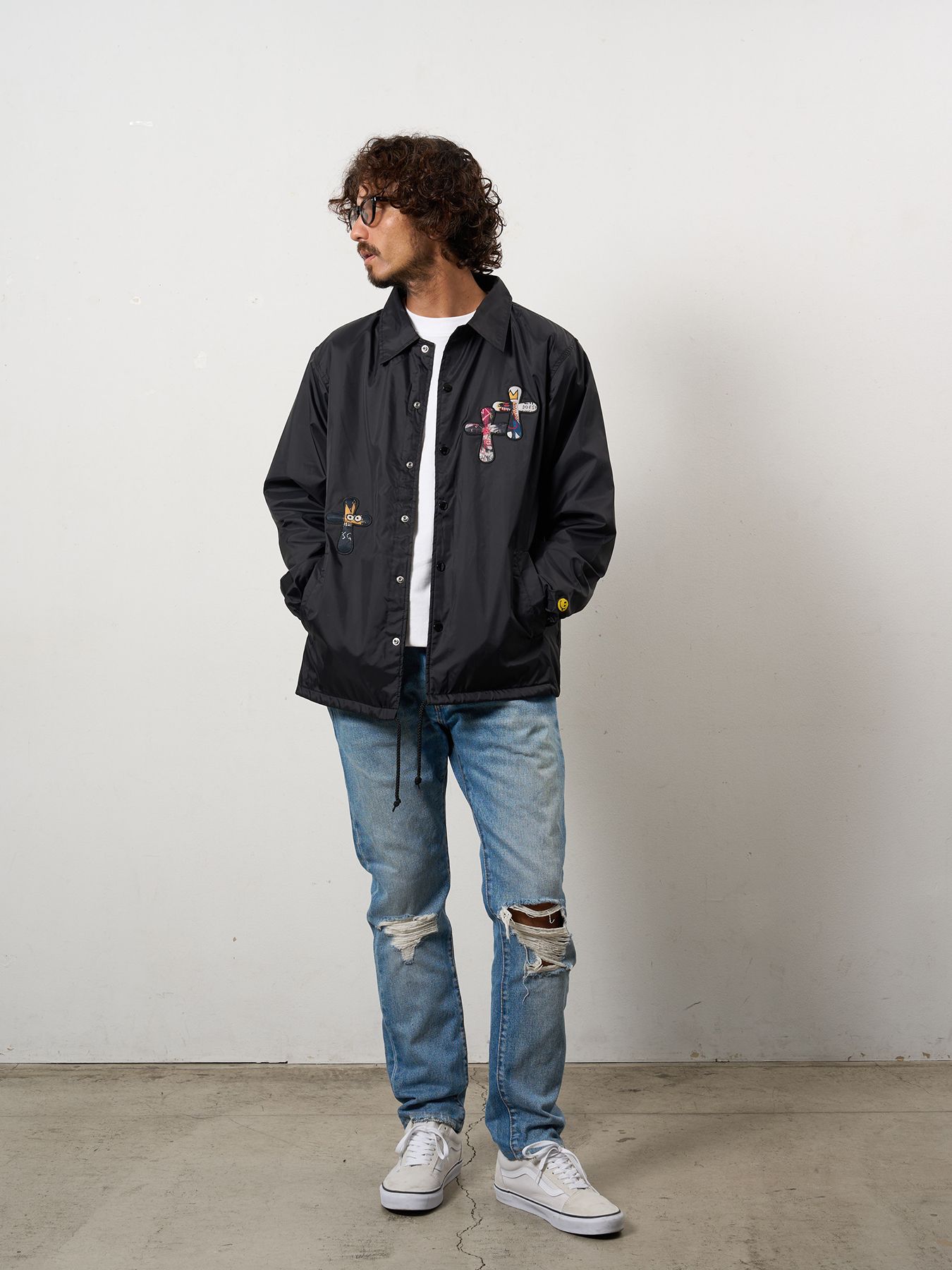 【予約品 10月16日(木) 締切】STYLE STYLE ドリップスタークロスパッチ ナイロン コーチジャ オーセンティックパイル ウェービーロゴ スマイル ケット / ブラック
