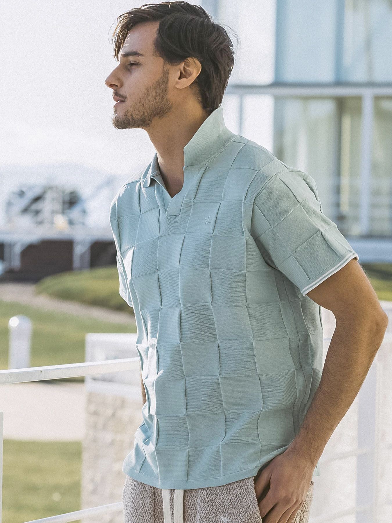 ブロックニット半袖ポロシャツ / サックス