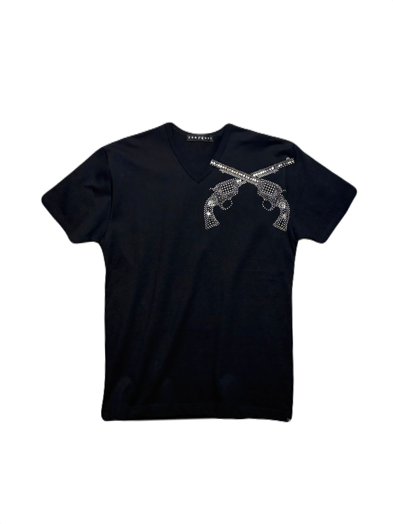 【予約品 3月9日(月) 18:00 締切】FRONT CROSSGUN T / クリスタル メタル クロスガン Vネック Tシャツ / ブラック