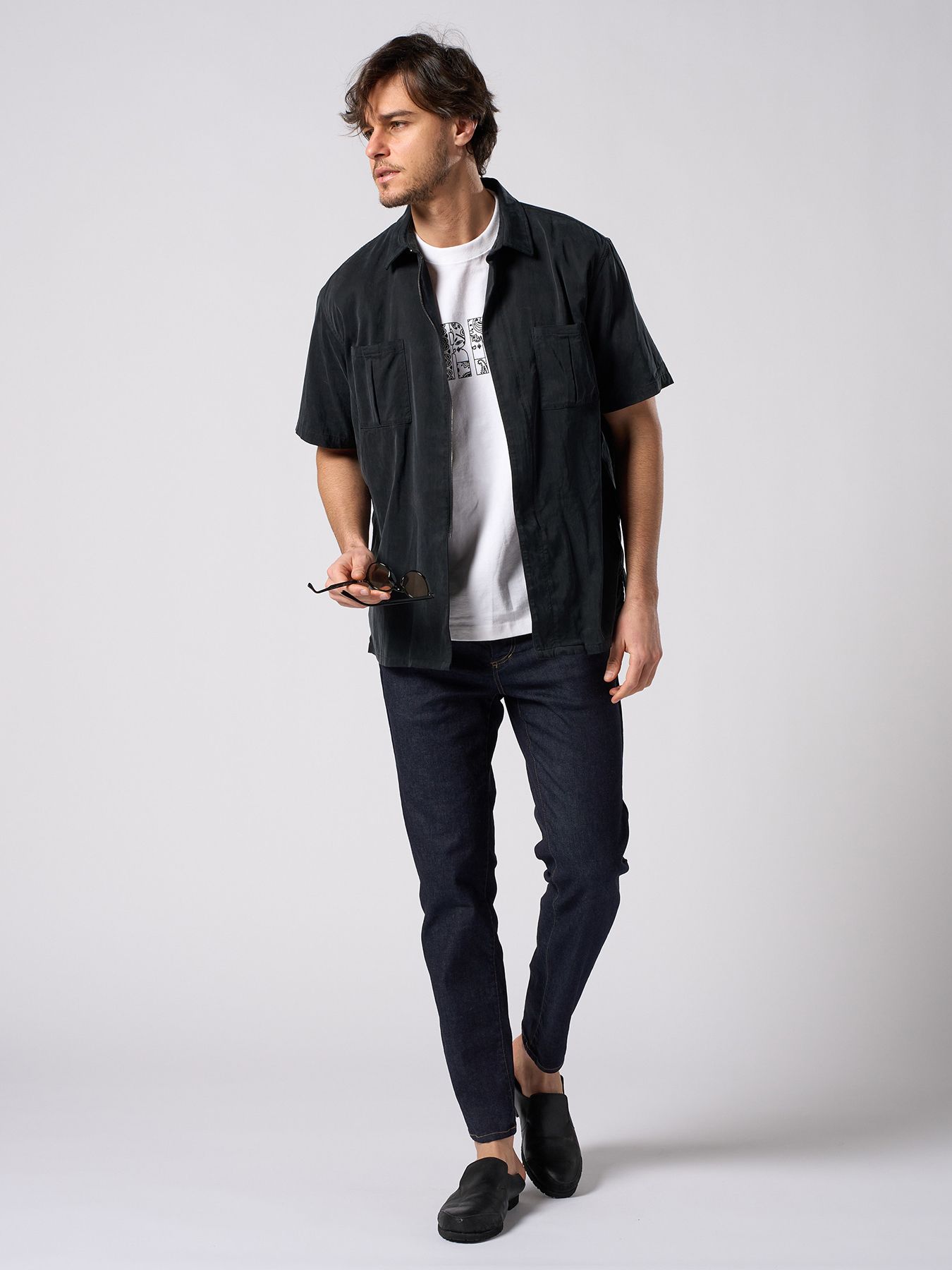 【予約品 1月25日(日) 締切】front-zip shirt H/S / フロントジップ ハーフスリーブシャツ / ブラック