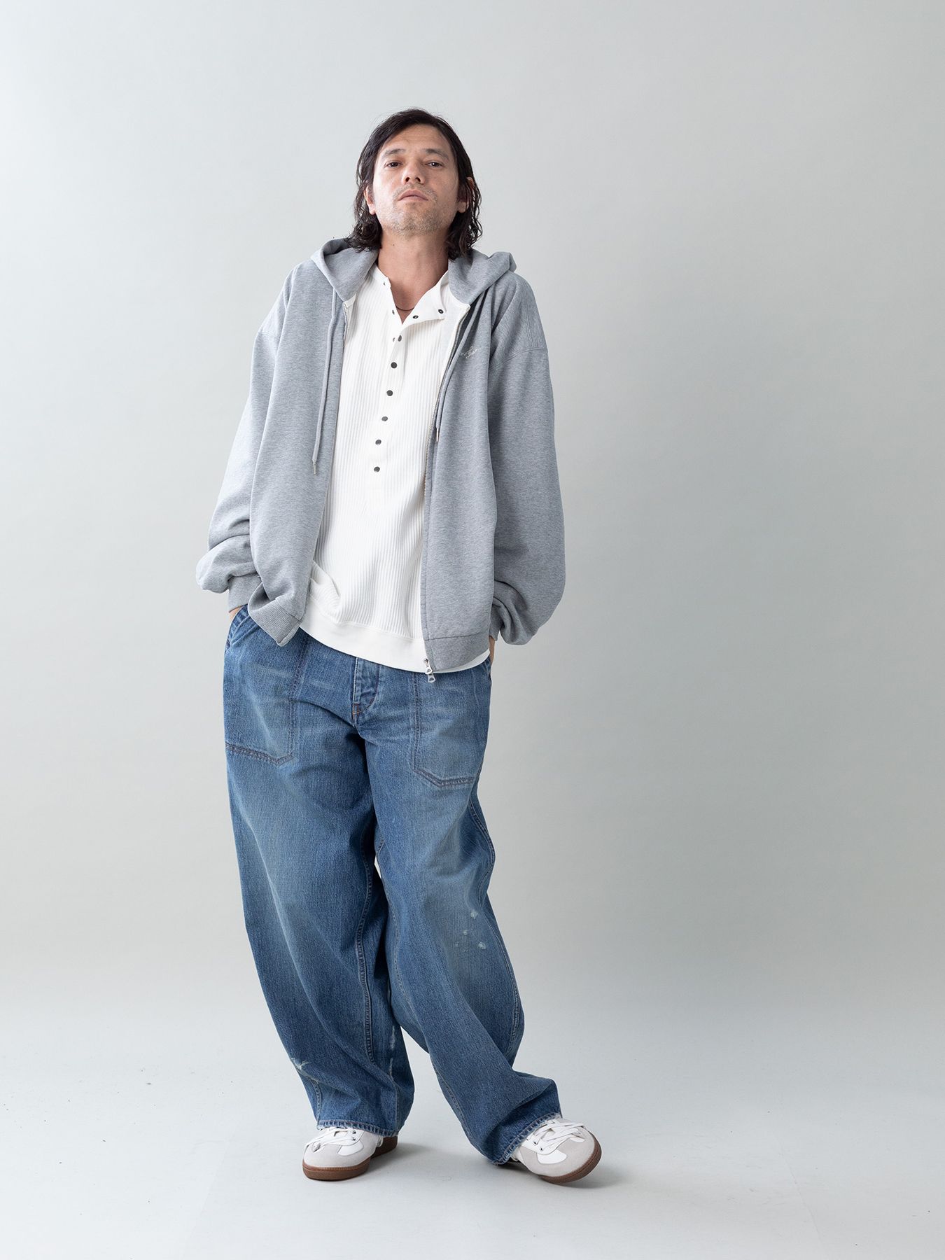 【予約品 5月6日(水) 締切】USN-DENIMTROUSERS damage / ダメージ加工 デニムミリタリーパンツ / インディゴ × 金茶ステッチ 淡