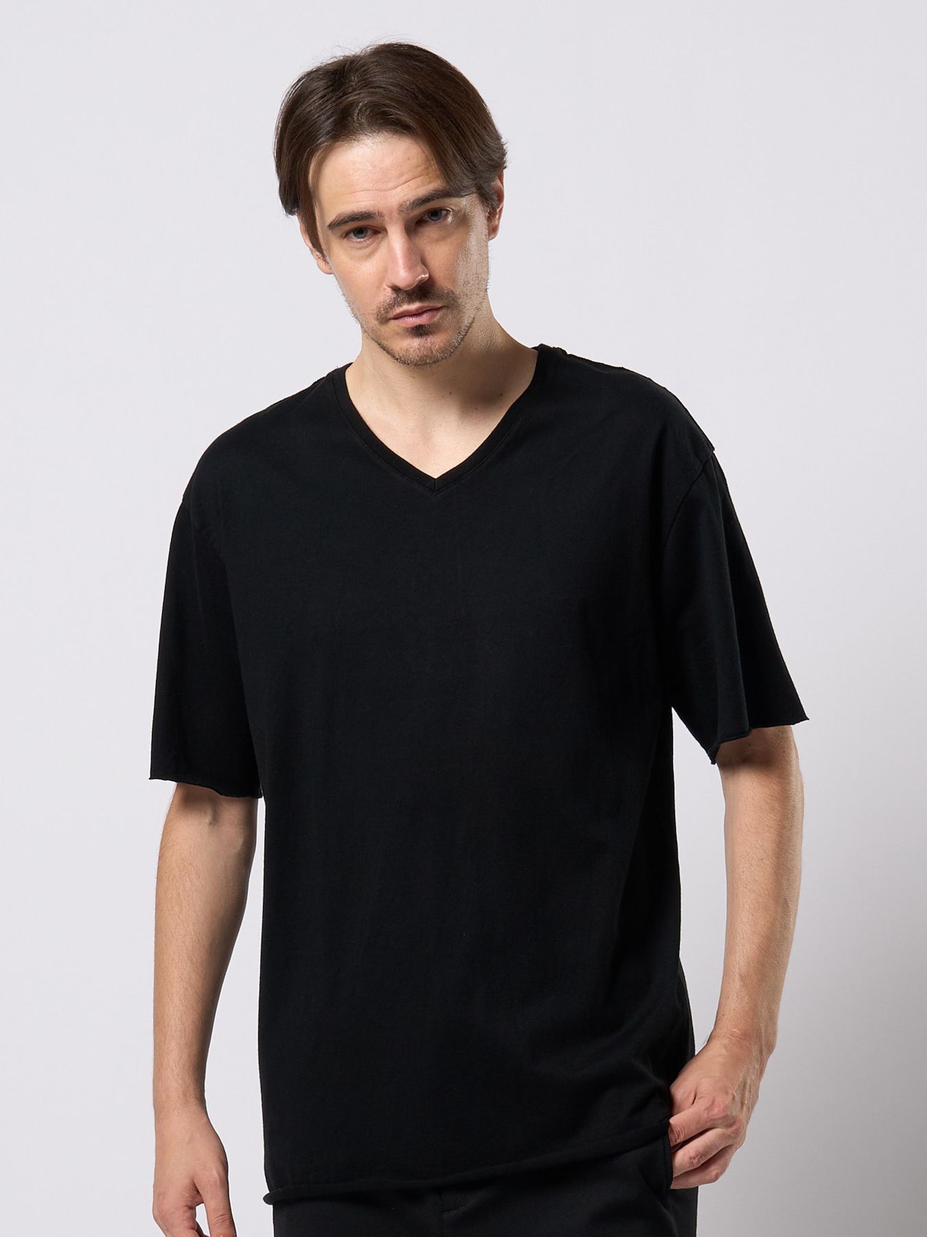 【予約品 9月23日(火) 締切】wide cut-off V-neck S/S / ワイド カットオフ Vネック ショートスリーブ / ディープブラック