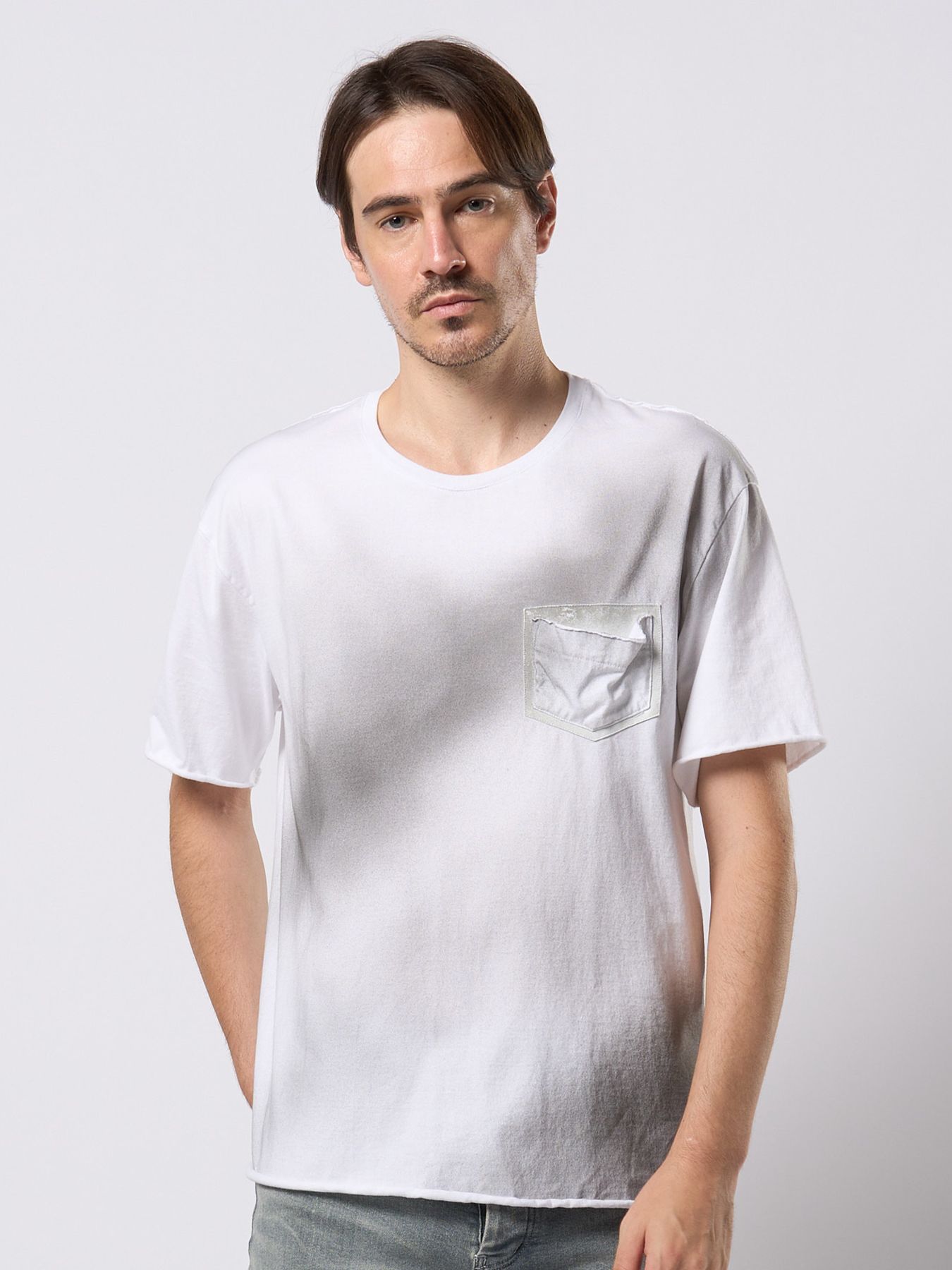 【予約品 9月23日(火) 締切】spray dye leather pocket-T / スプレーダイ レザーポケットTシャツ / ホワイト×ブラック