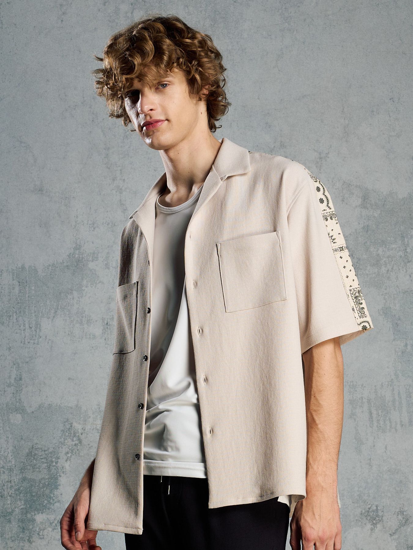 【予約品 1月25日(日) 締切】bandana print panel open shirt / バンダナプリントパネル オープンカラーシャツ / ベージュ