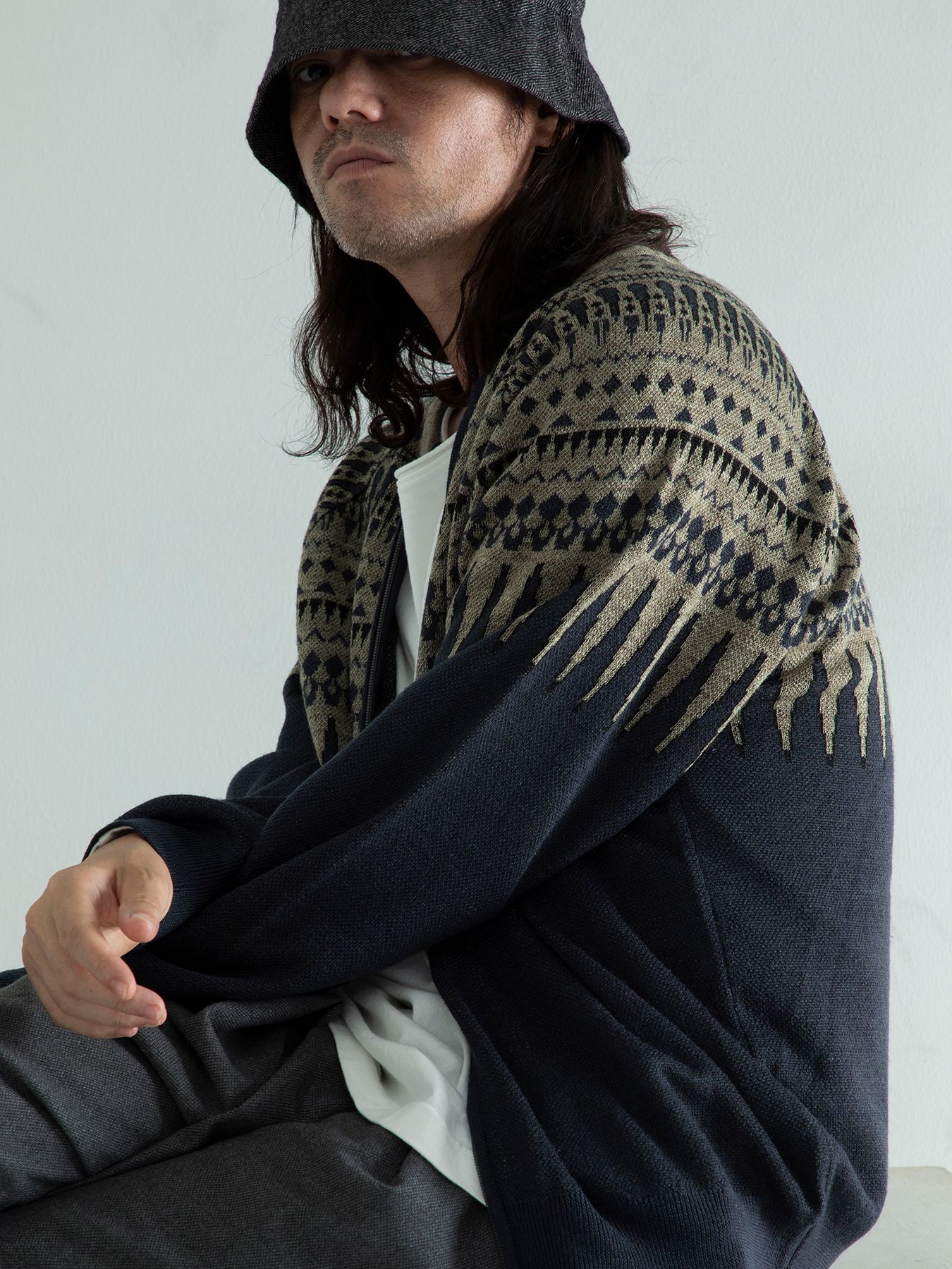 【予約品 】ARROWKNIT / ジャガードニットカーディガン / ネイビー×杢ベージュ系