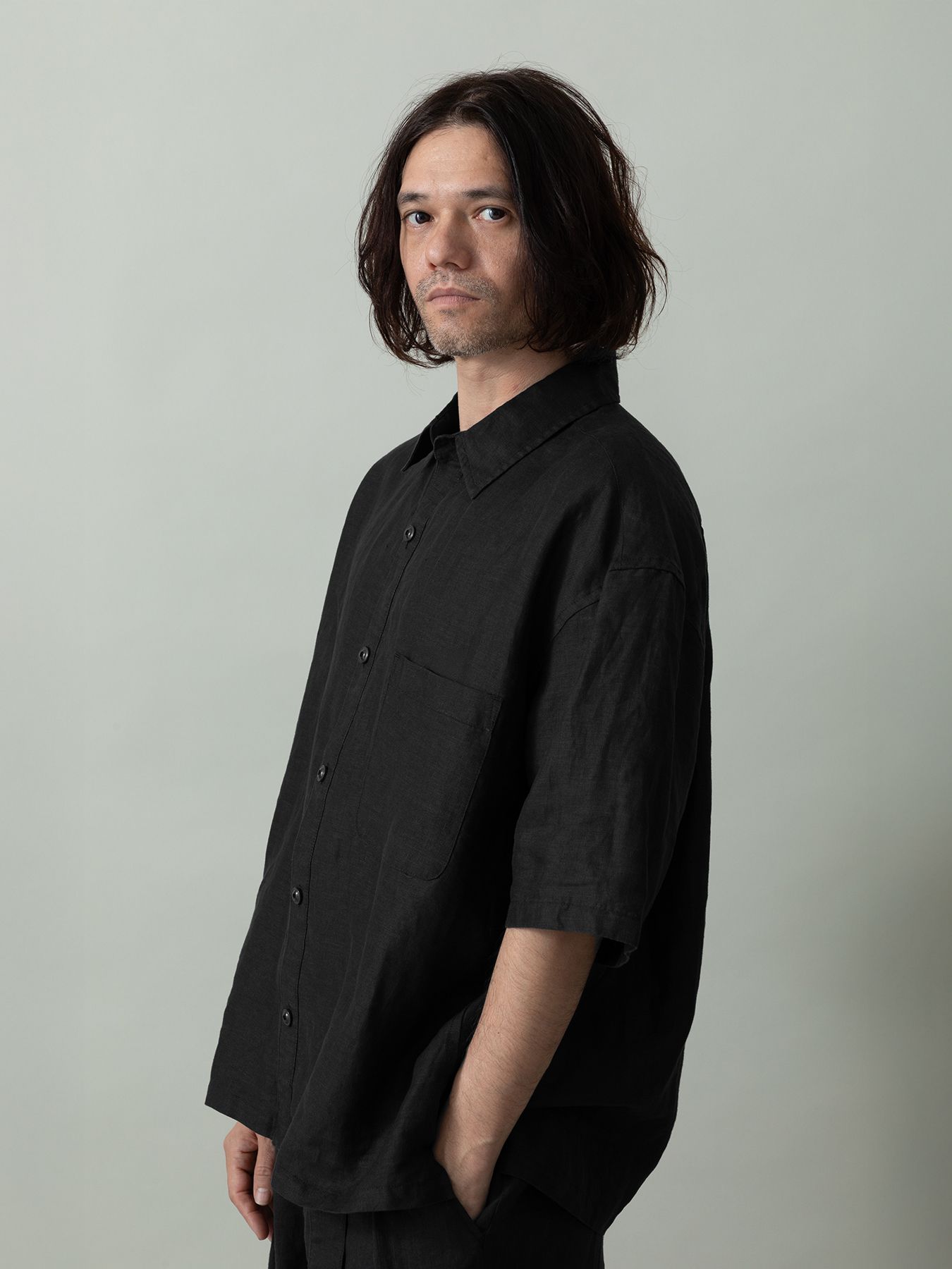 【予約品 2月1日(日) 締切】GATHERLINEN SHIRTS S/S / リネン 半袖シャツ / ブラック