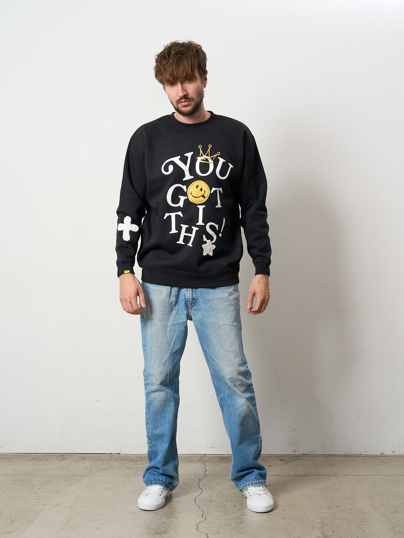 【予約品 5月8日(木) AM10時 締切】 TC裏毛起毛 YOU GOT THIS マルチパッチワークスウェットシャツ / ブラック
